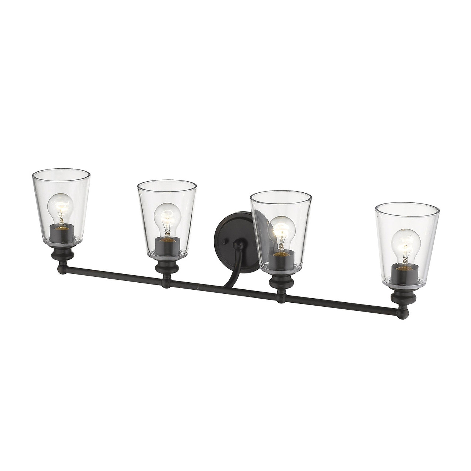 Bottom up angled view of the lighted Ceil 4-light oil-rubbed bronze vanity wall fixture with clear tapered glass shades and transitional design