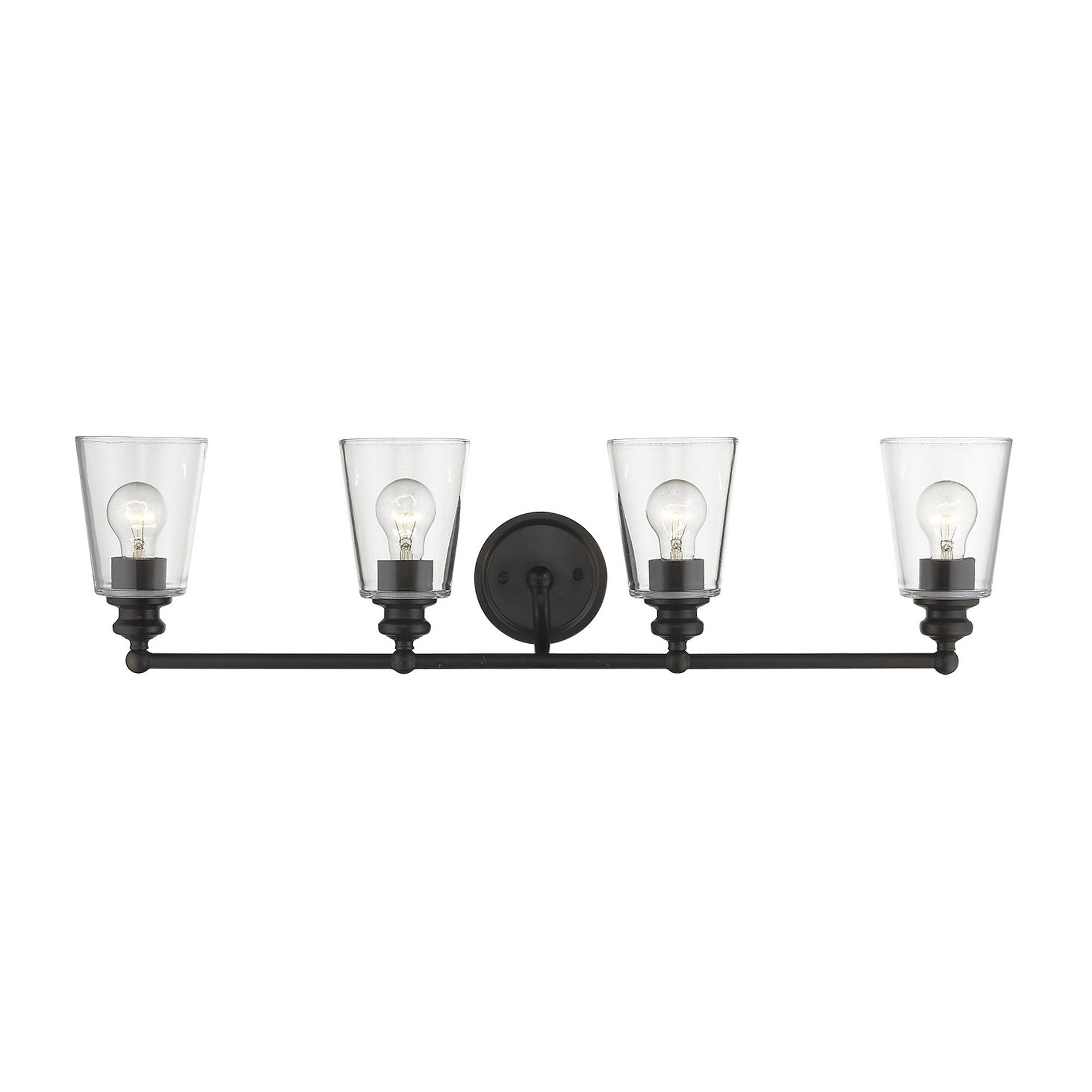Front view of the lighted Ceil 4-light oil-rubbed bronze vanity wall fixture with clear tapered glass shades and transitional design