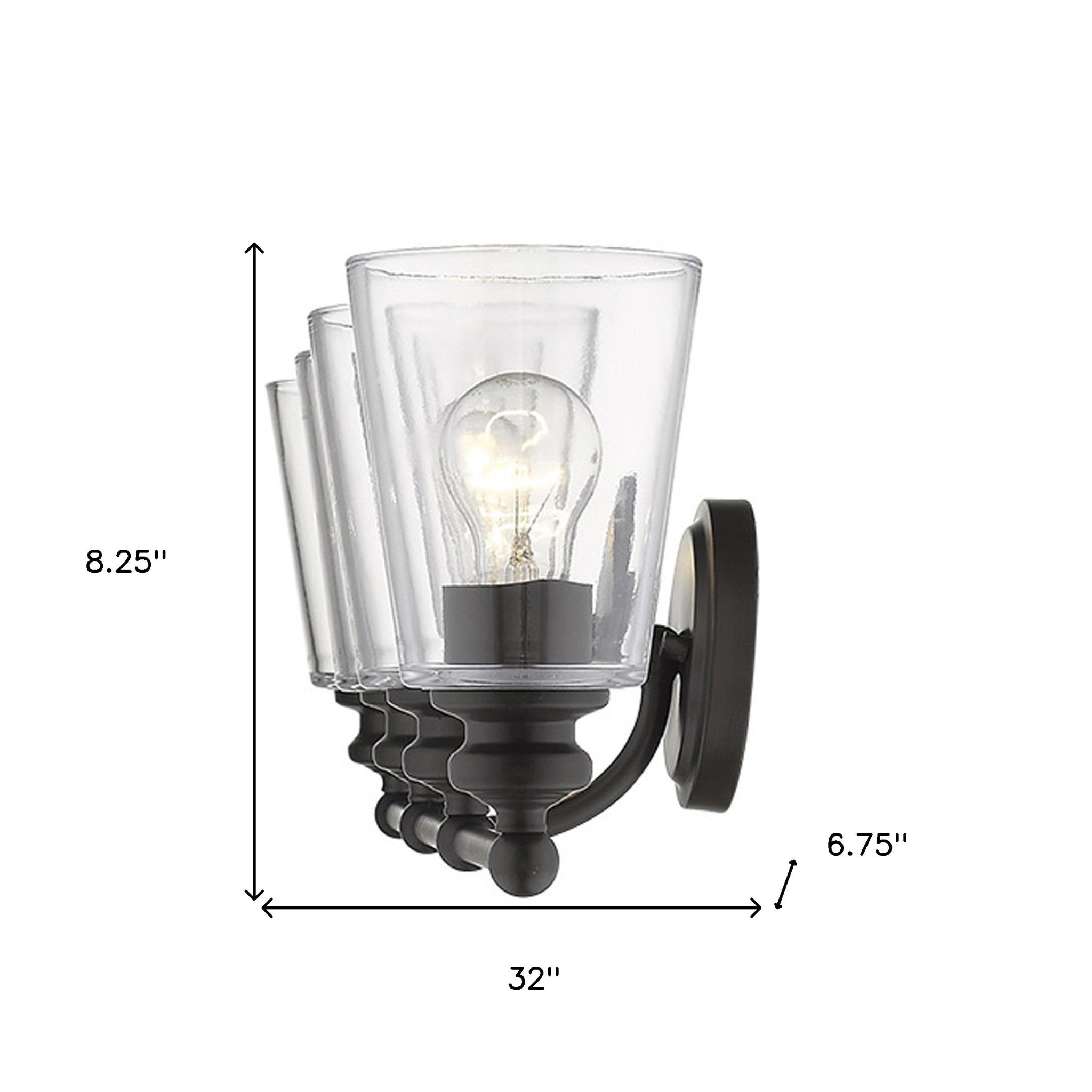 Ceil 4-light oil-rubbed bronze vanity wall fixture with clear glass shades and transitional design shown with dimensions of eight point two five inches high by thirty two inches wide by six point seven five inches deep