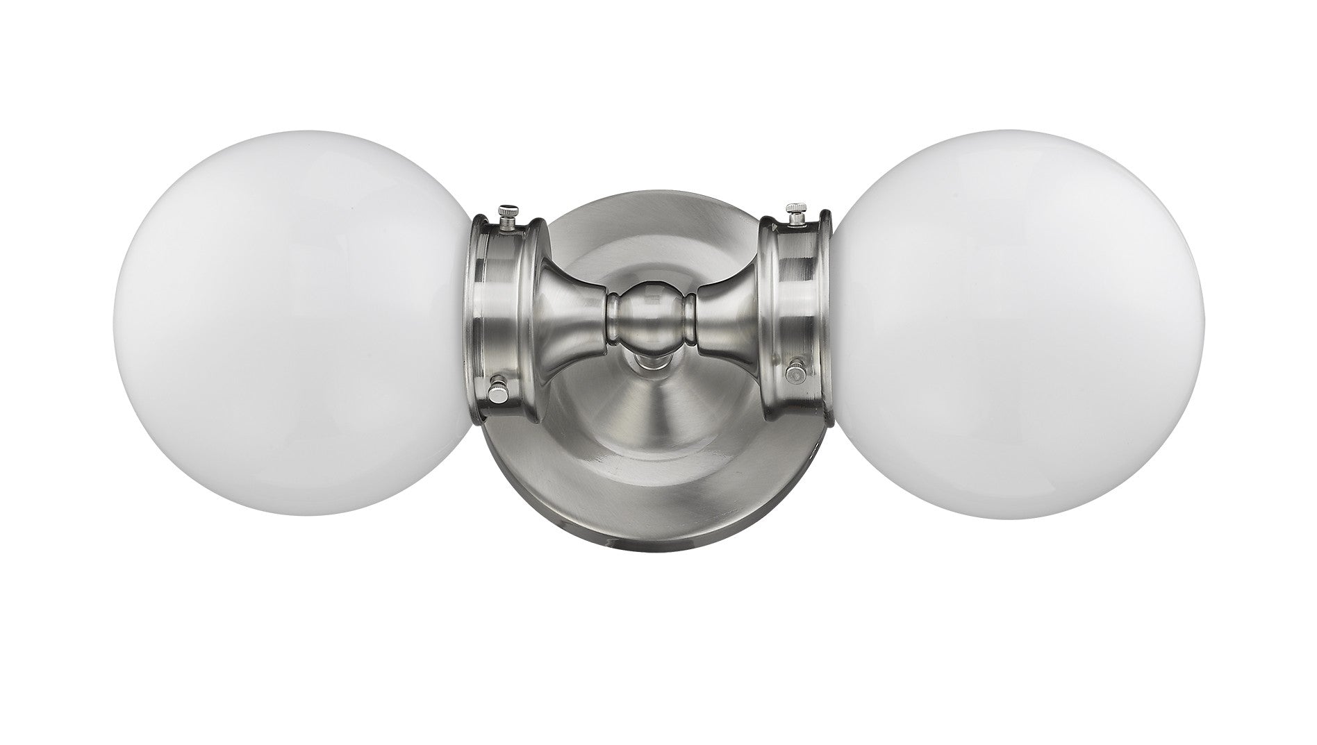 Two-light silver wall sconce with frosted glass globe shades and polished backplate displayed horizontally