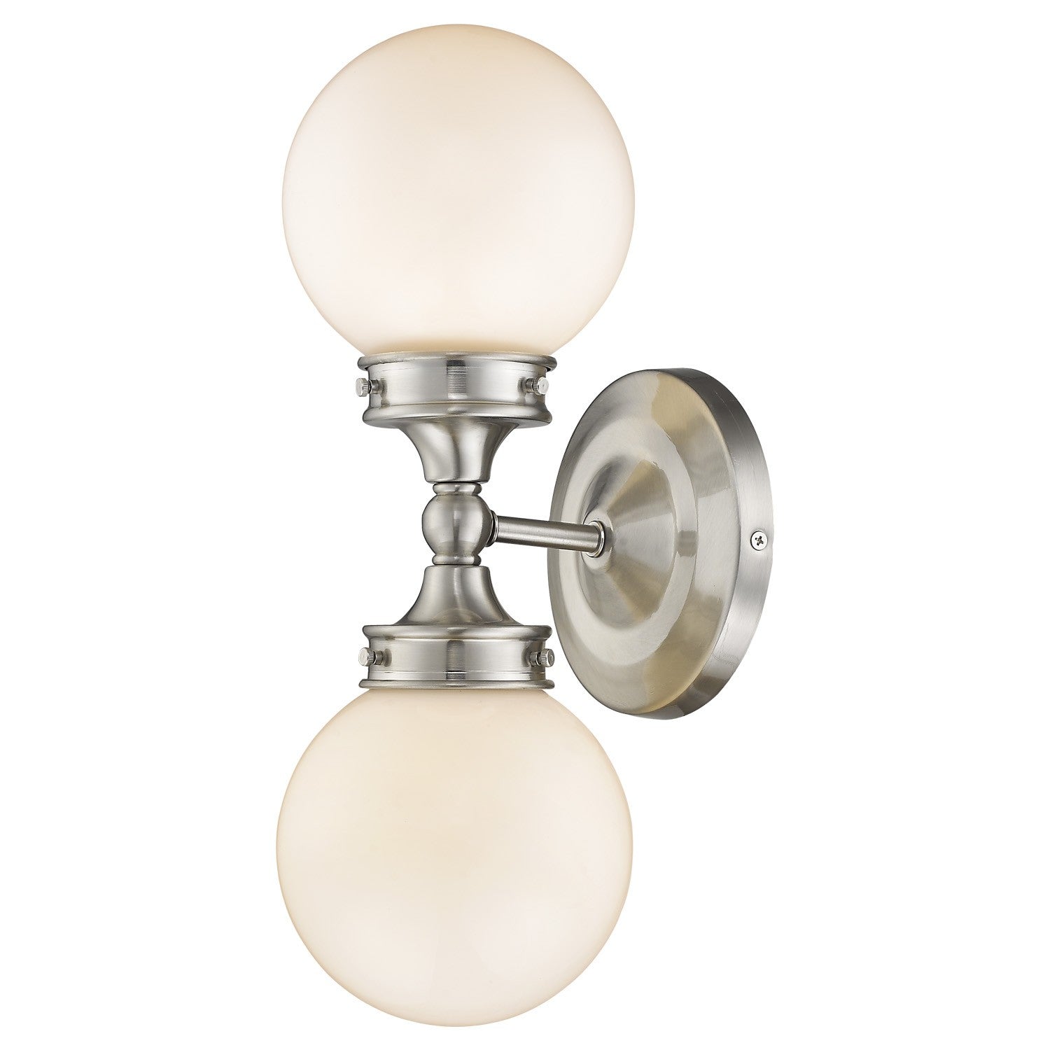 Two-light silver wall sconce with frosted glass globe shades and polished backplate displayed vertically