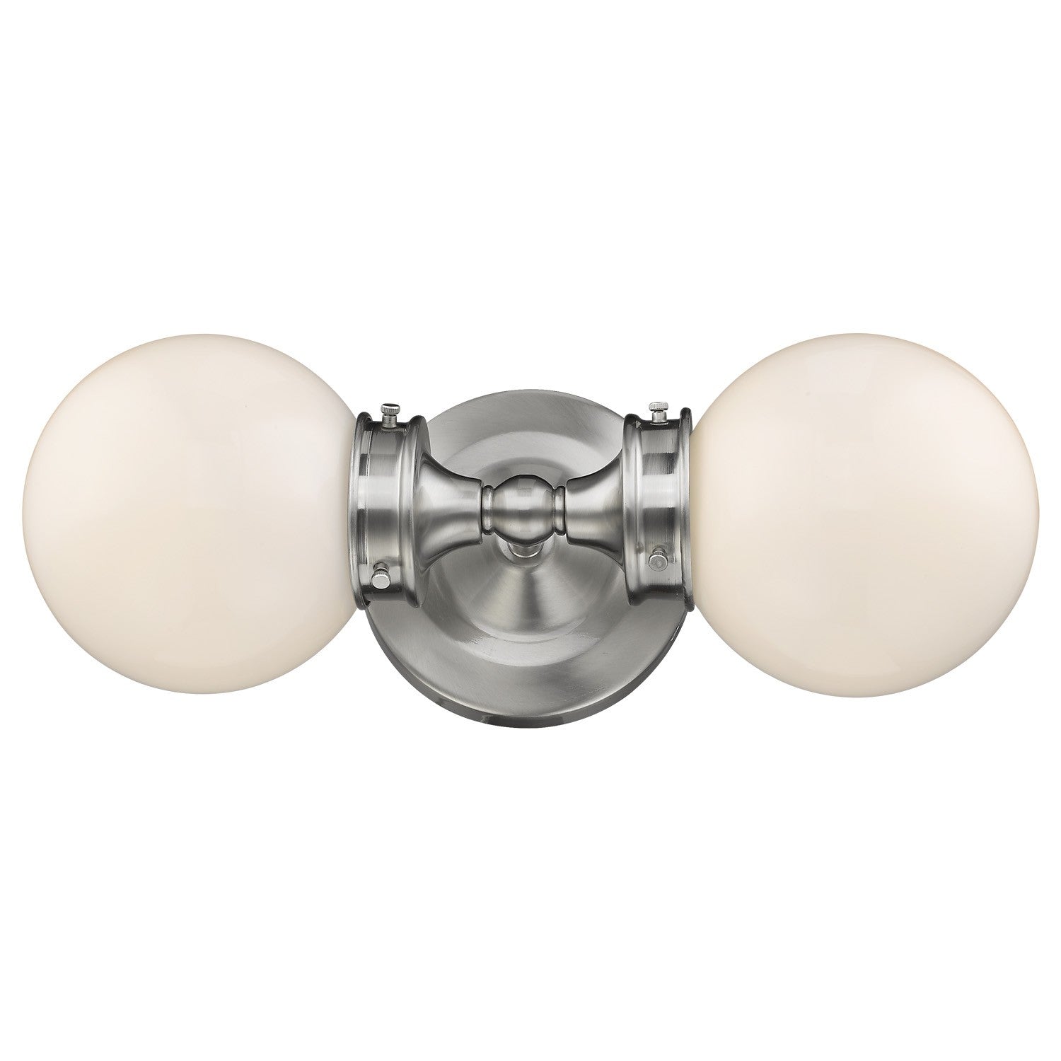 Lighted Two-light silver wall sconce with frosted glass globe shades and polished backplate displayed horizontally