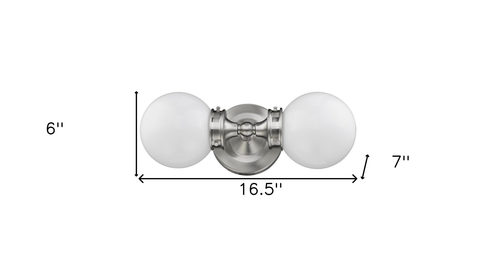 Two-light silver wall sconce with frosted glass globe shades and polished backplate shown with dimensions of six inches high by sixteen point five inches wide by seven inches deep