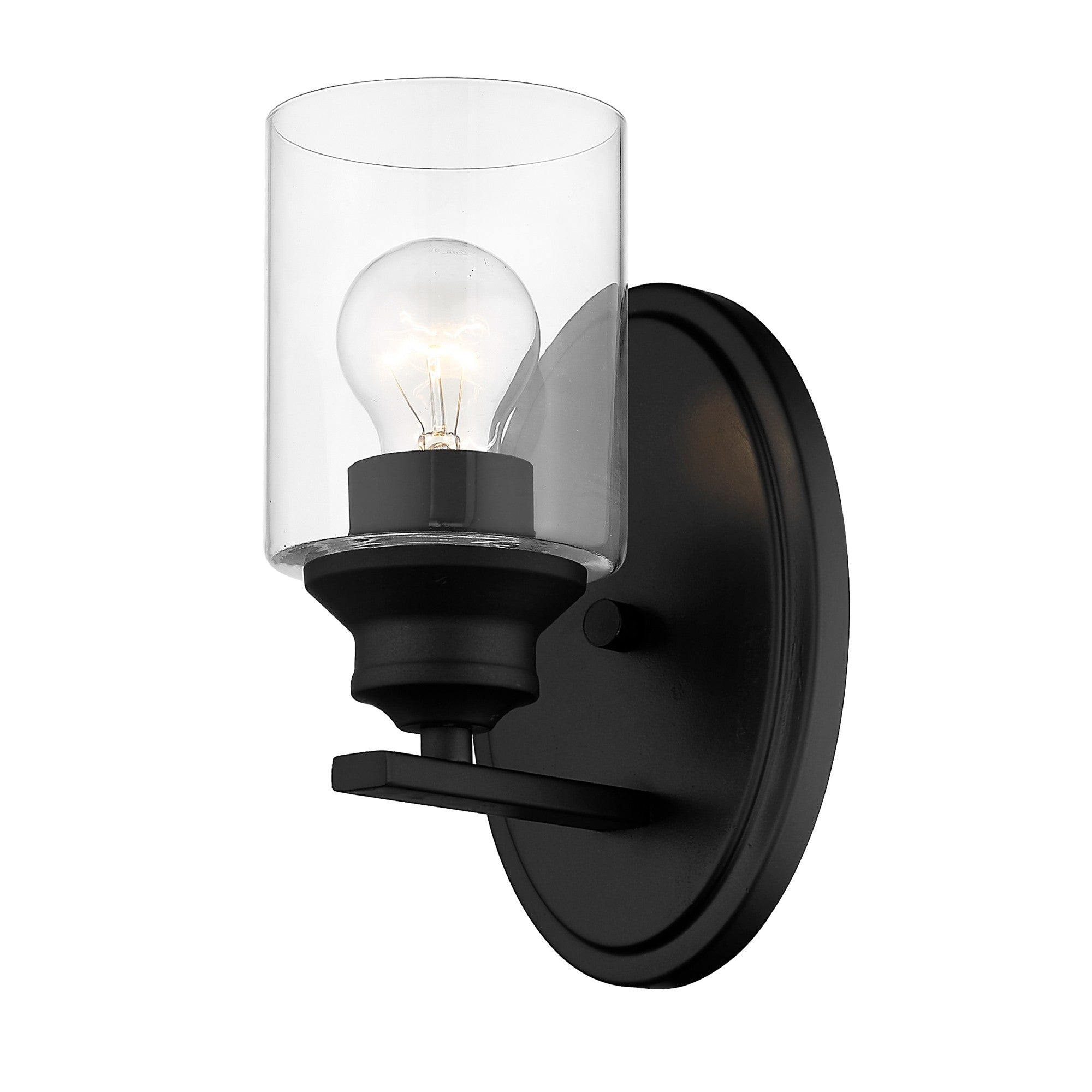 Bottom up angled view of the lighted One-light matte black wall sconce with cylindrical clear glass shade and modern backplate