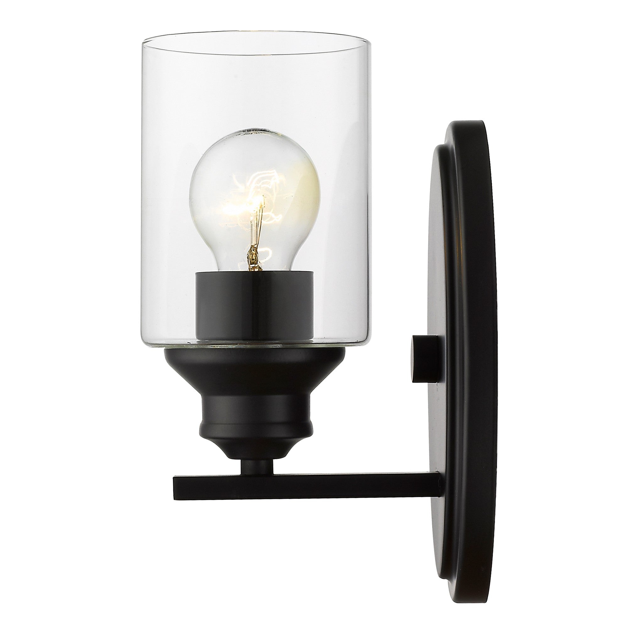 Side view of the lighted One-light matte black wall sconce with cylindrical clear glass shade and modern backplate