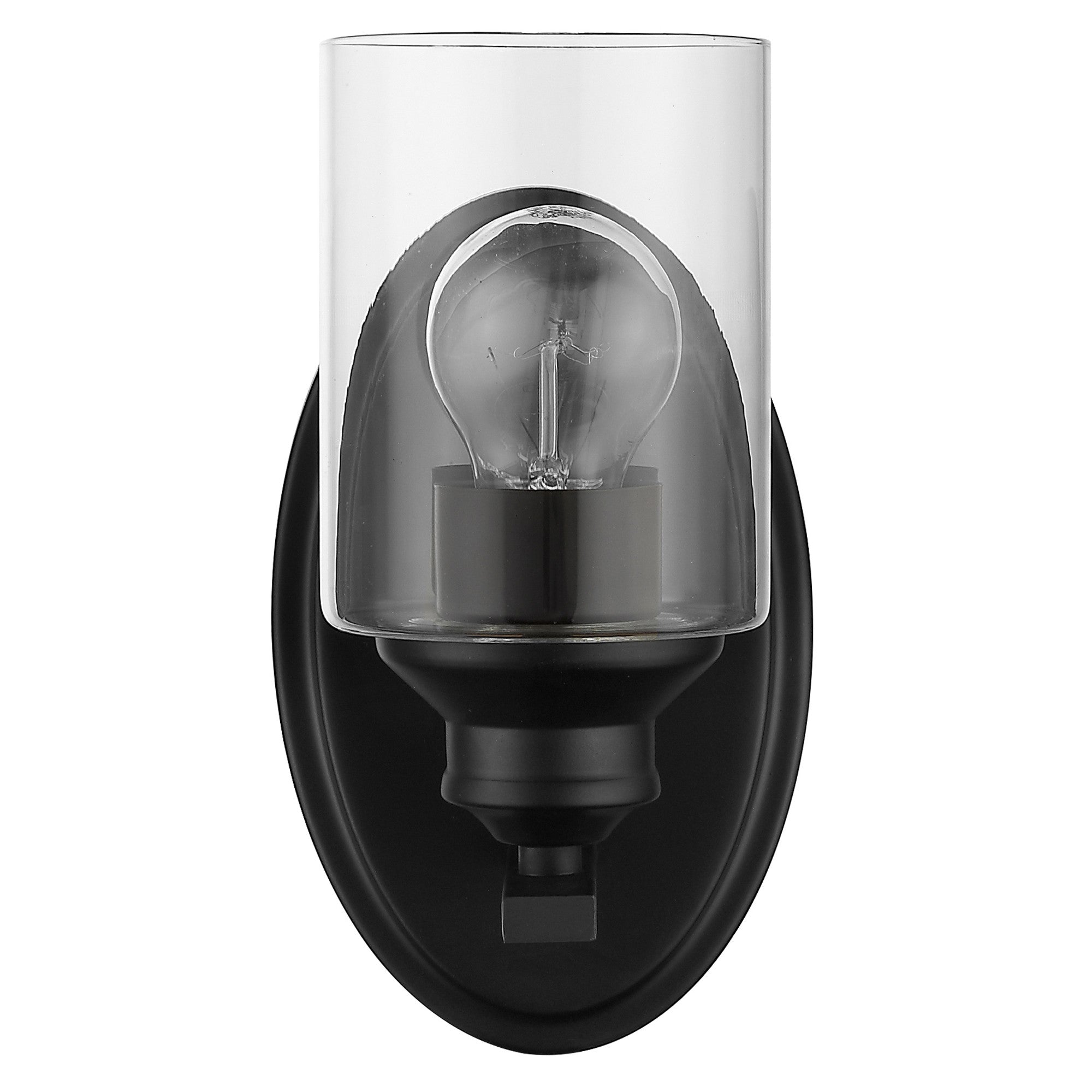 Front view of the One-light matte black wall sconce with cylindrical clear glass shade and modern backplate