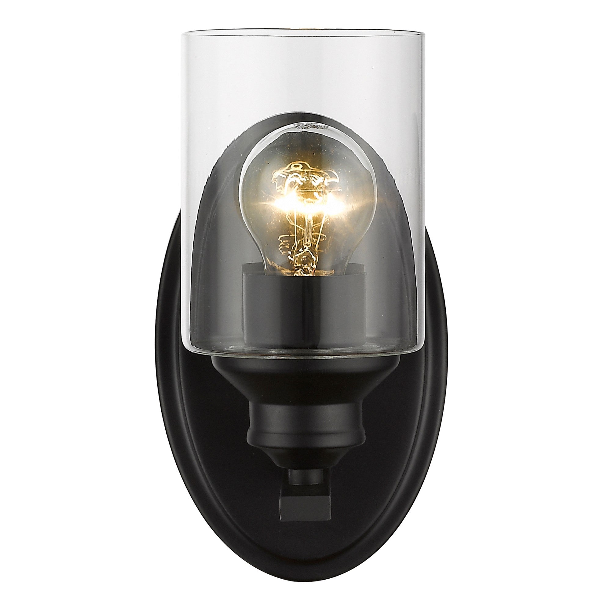 Front view of the lighted One-light matte black wall sconce with cylindrical clear glass shade and modern backplate