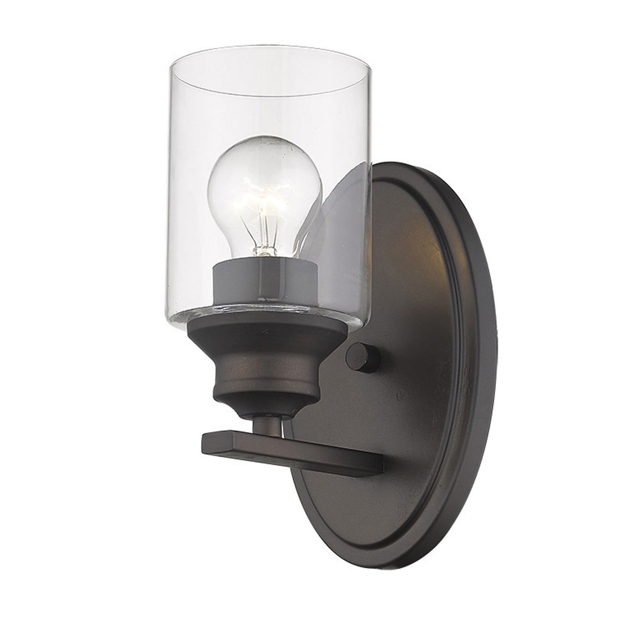 Bottom up angled view of the One-light bronze wall sconce with cylindrical clear glass shade and oval backplate