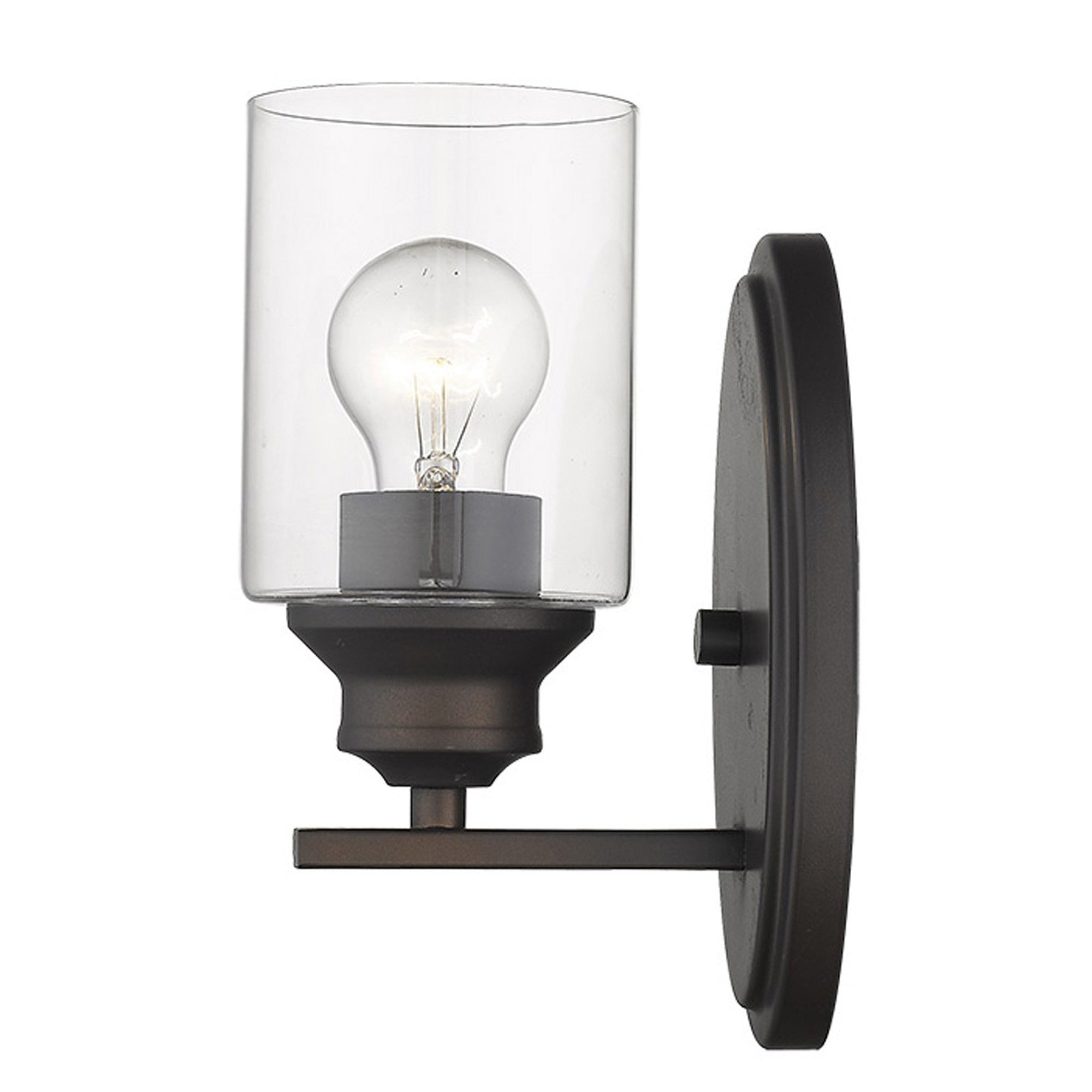 Side view of the lighted One-light bronze wall sconce with cylindrical clear glass shade and oval backplate