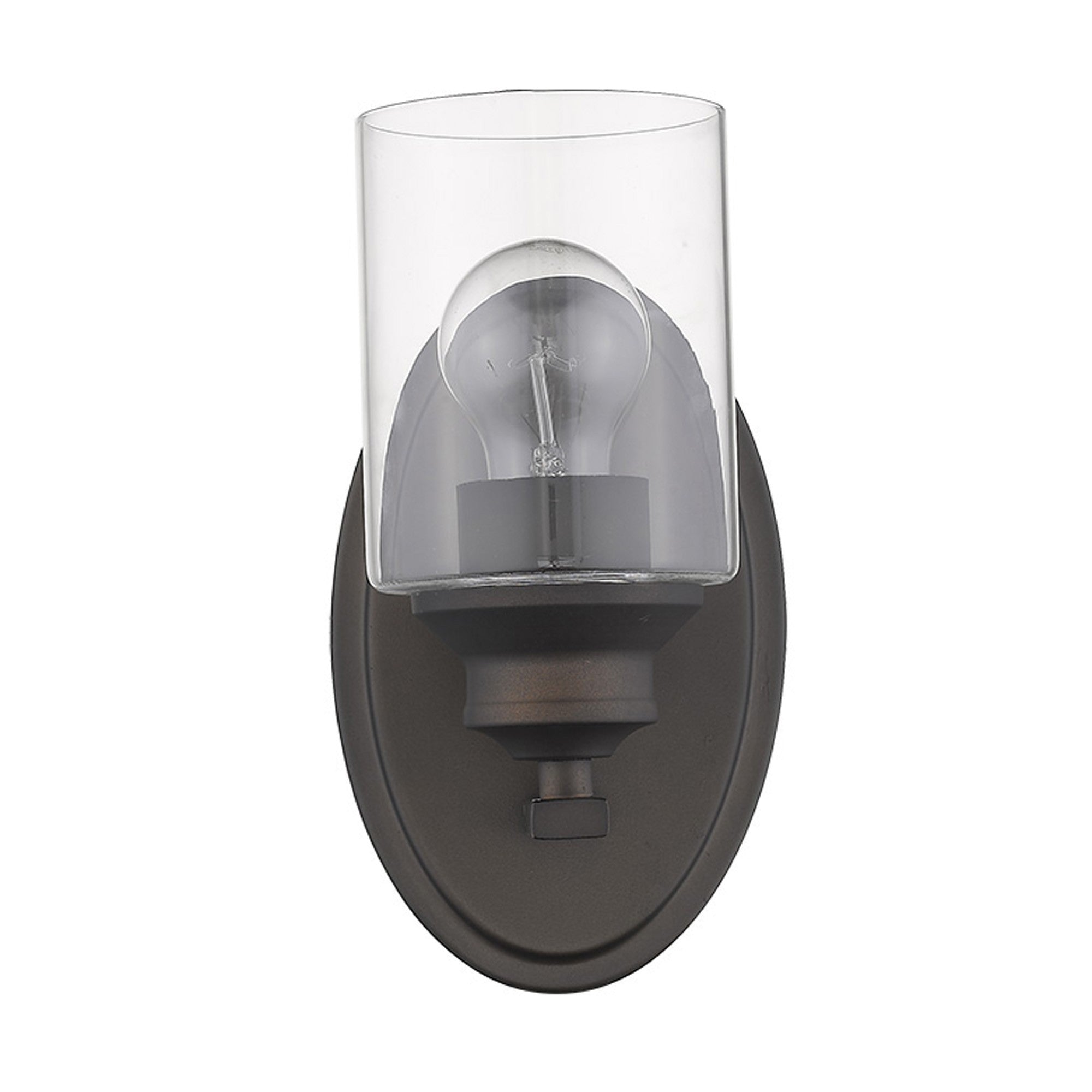 Front view of the One-light bronze wall sconce with cylindrical clear glass shade and oval backplate
