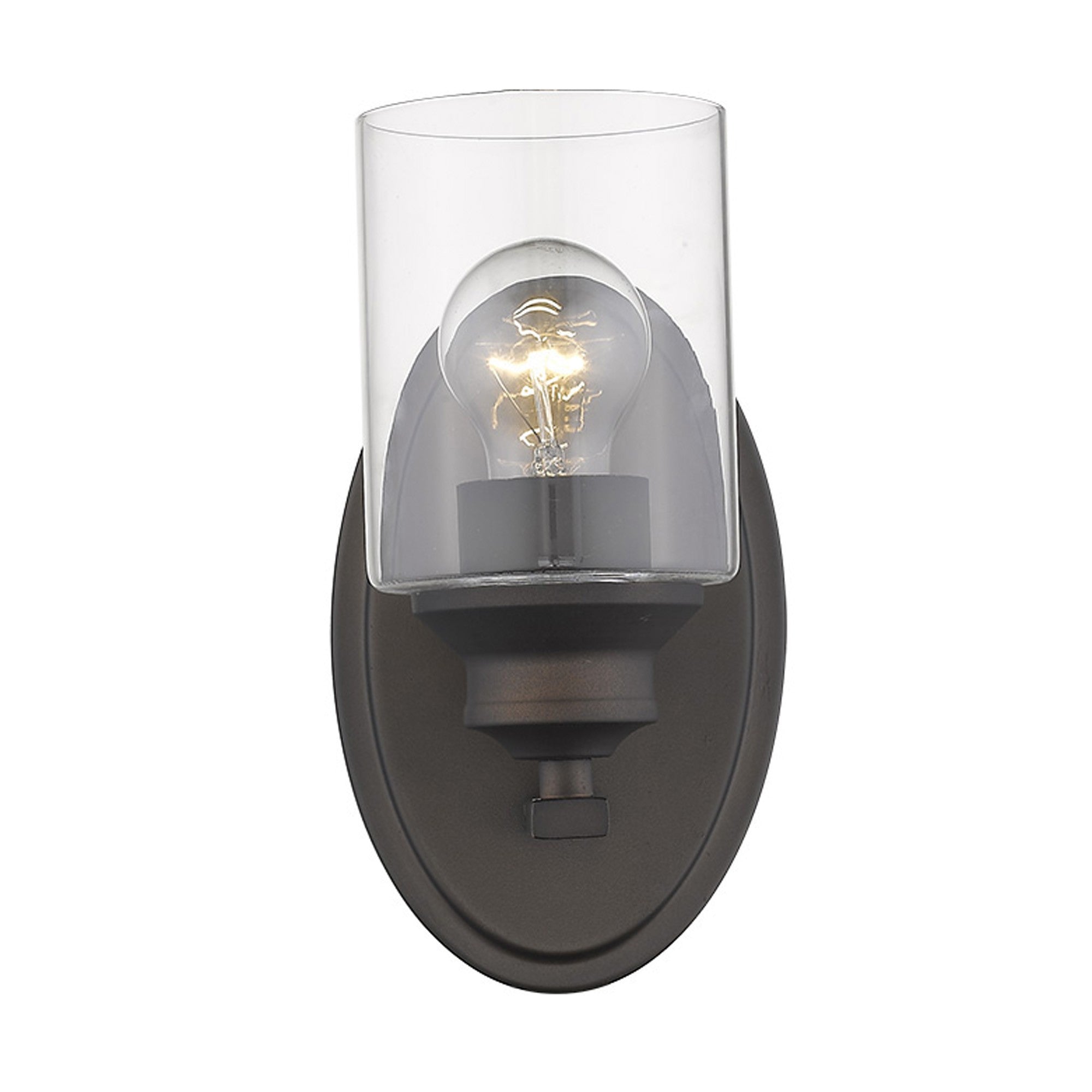 Front view of the lighted One-light bronze wall sconce with cylindrical clear glass shade and oval backplate