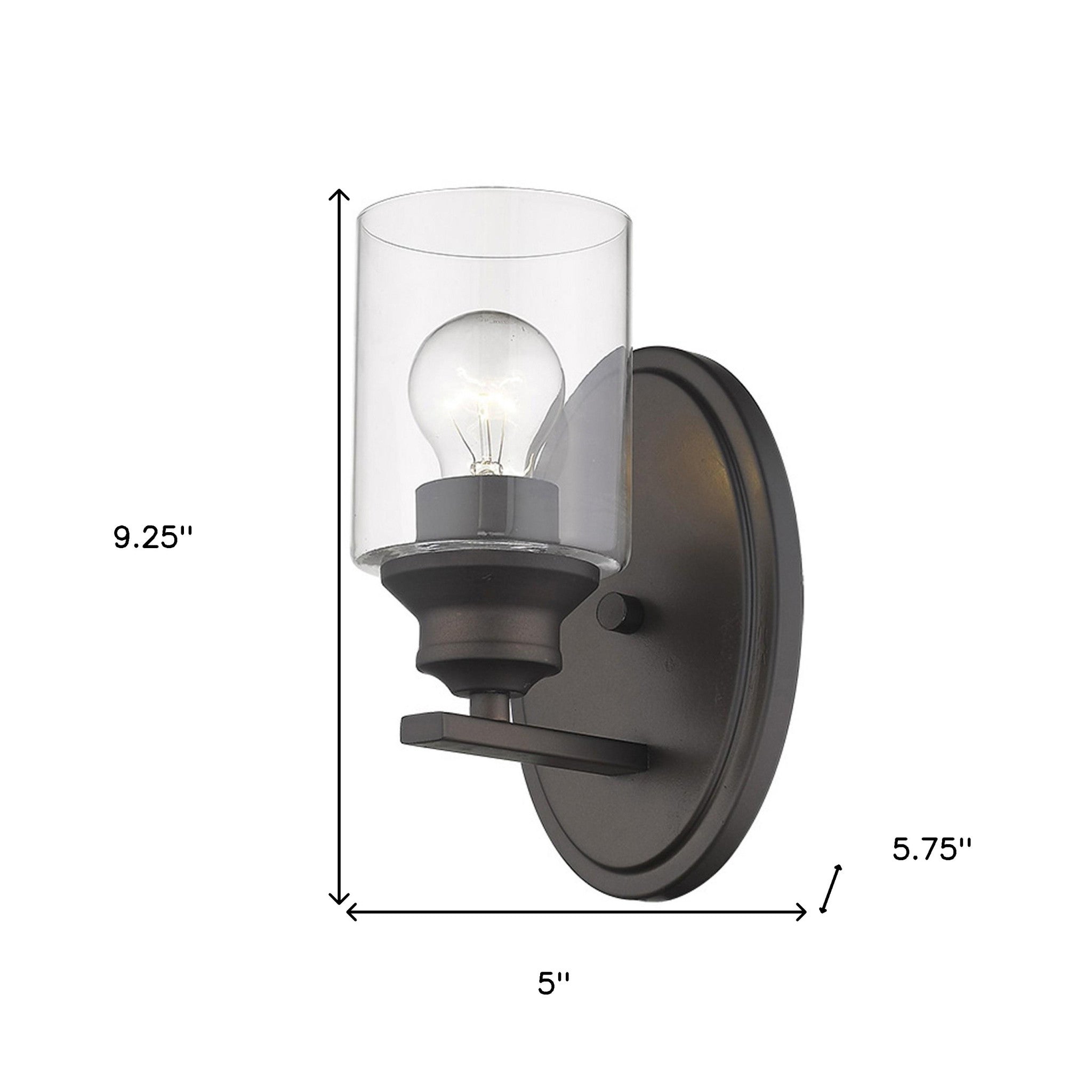 One-light bronze wall sconce with cylindrical clear glass shade and oval backplate shown with dimensions of nine point two five inches high by five inches wide by five point seven five inched deep