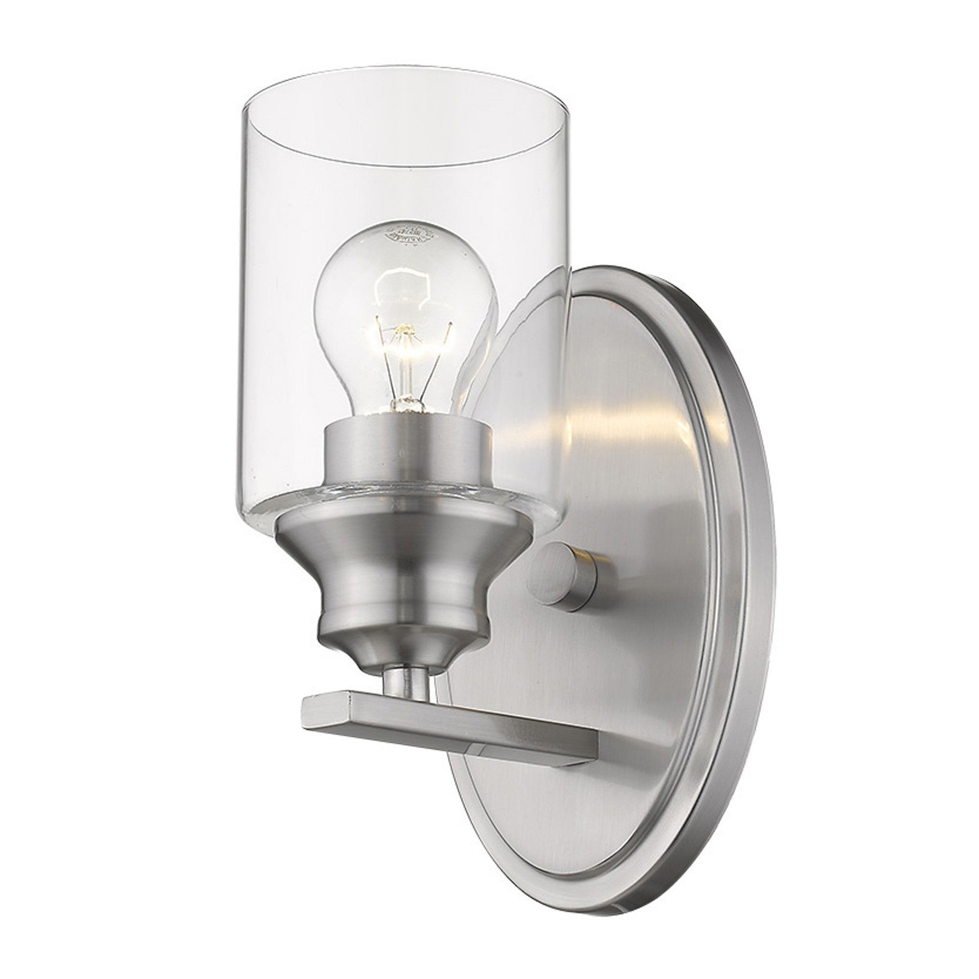Bottom up angled view of the lighted Modern silver wall sconce with oval backplate and clear glass shade for minimalist home lighting