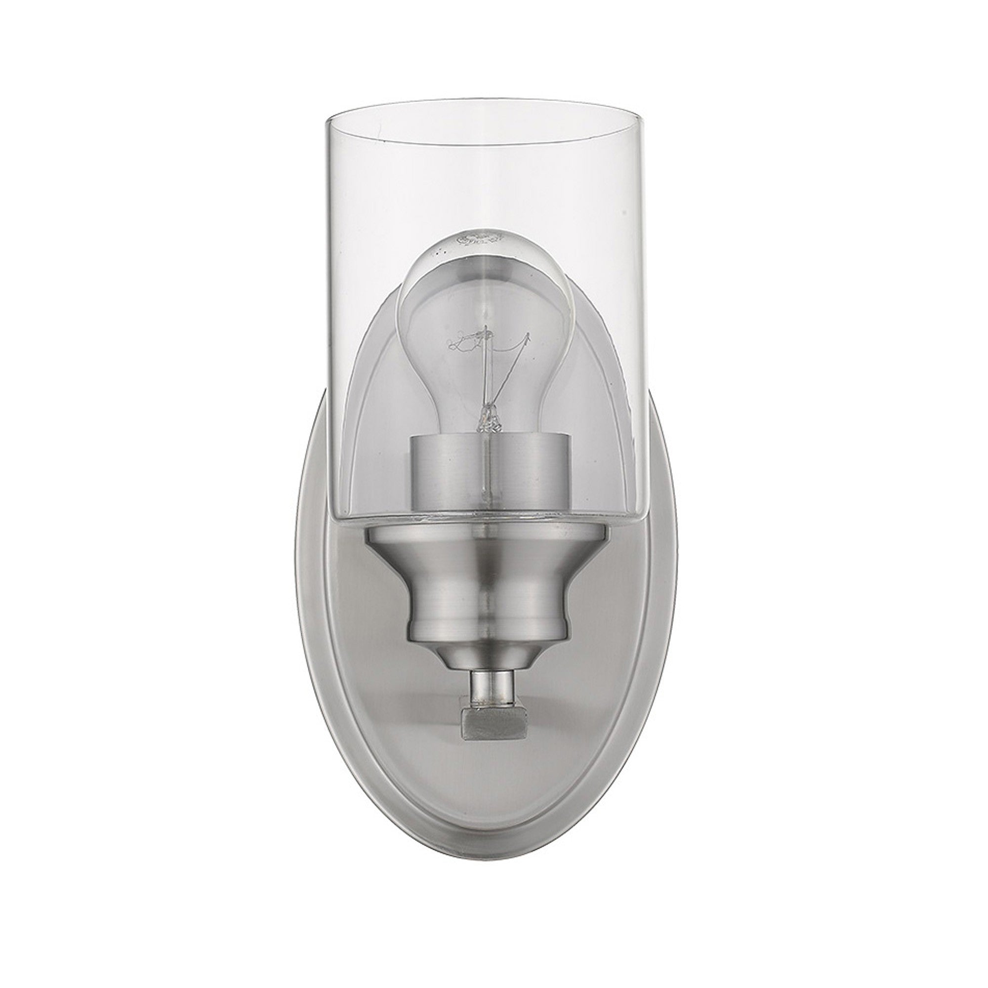 Front view of the Modern silver wall sconce with oval backplate and clear glass shade for minimalist home lighting