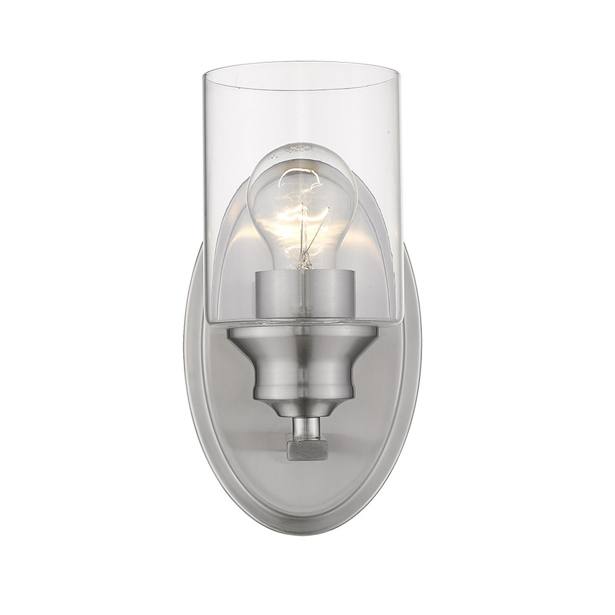 Front view of the lighted Modern silver wall sconce with oval backplate and clear glass shade for minimalist home lighting