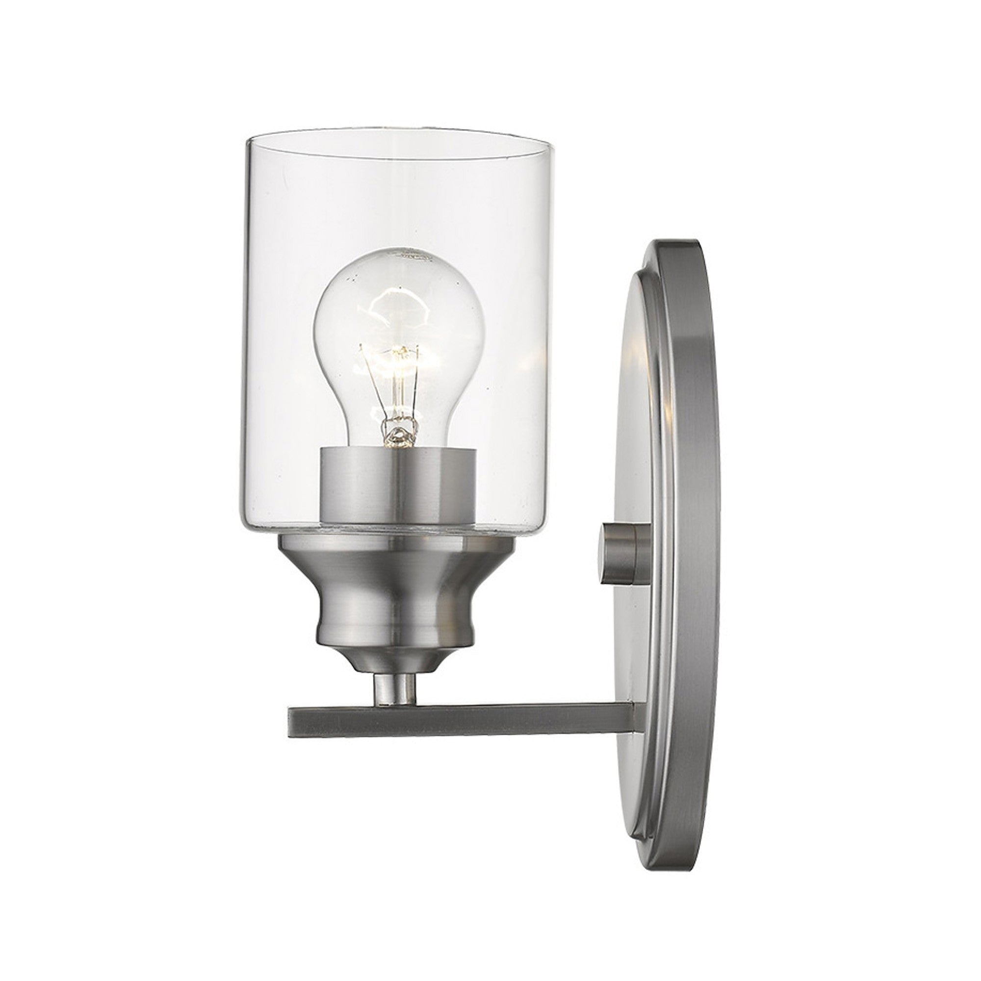 Side view of the lighted Modern silver wall sconce with oval backplate and clear glass shade for minimalist home lighting