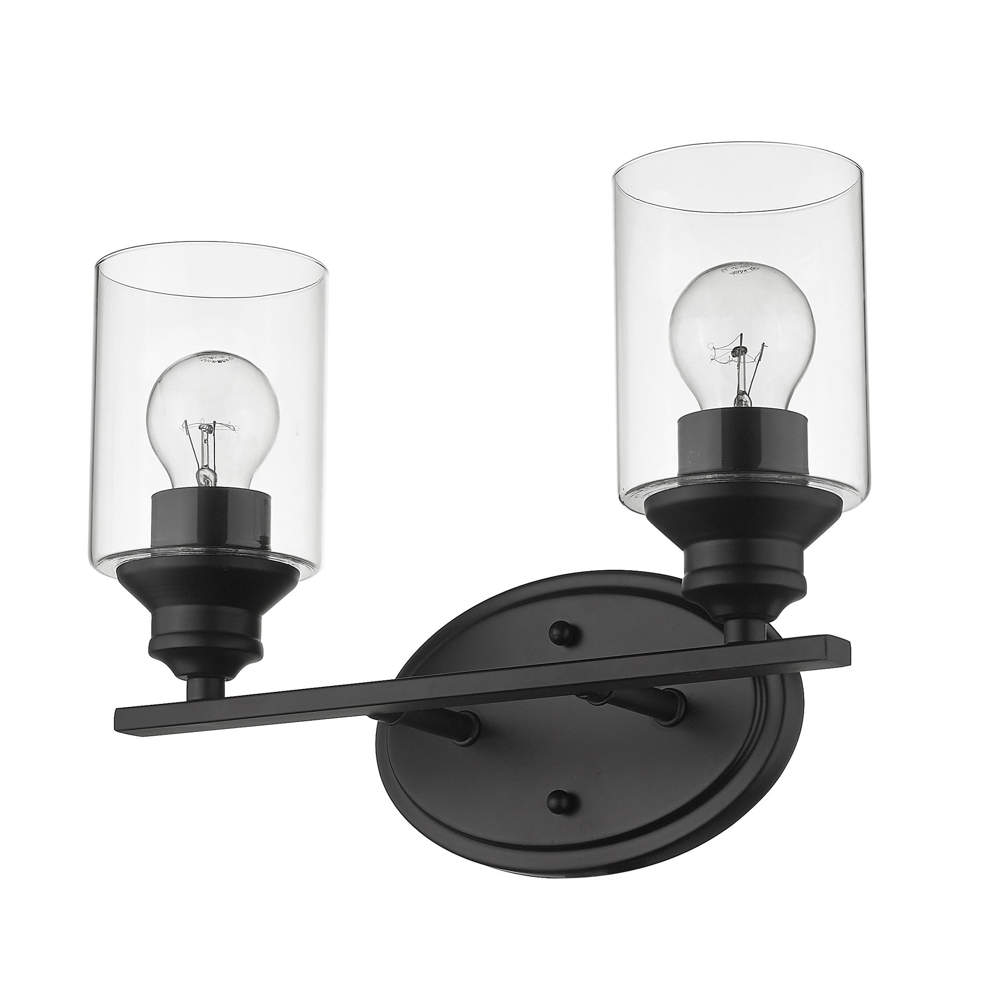 Bottom up angled view of a Two-light matte black wall sconce with cylindrical clear glass shades and oval backplate