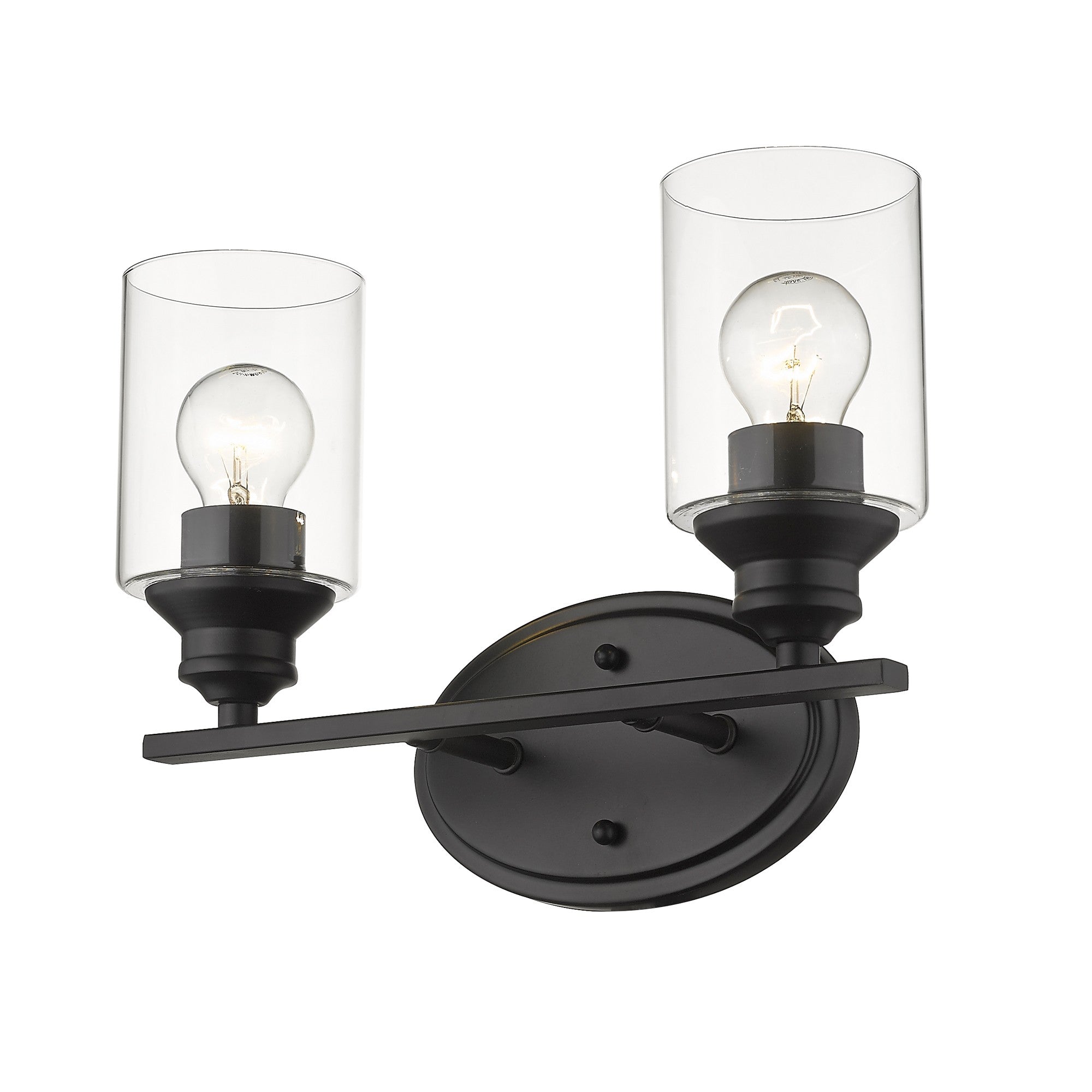 Bottom up angled view of a lighted Two-light matte black wall sconce with cylindrical clear glass shades and oval backplate
