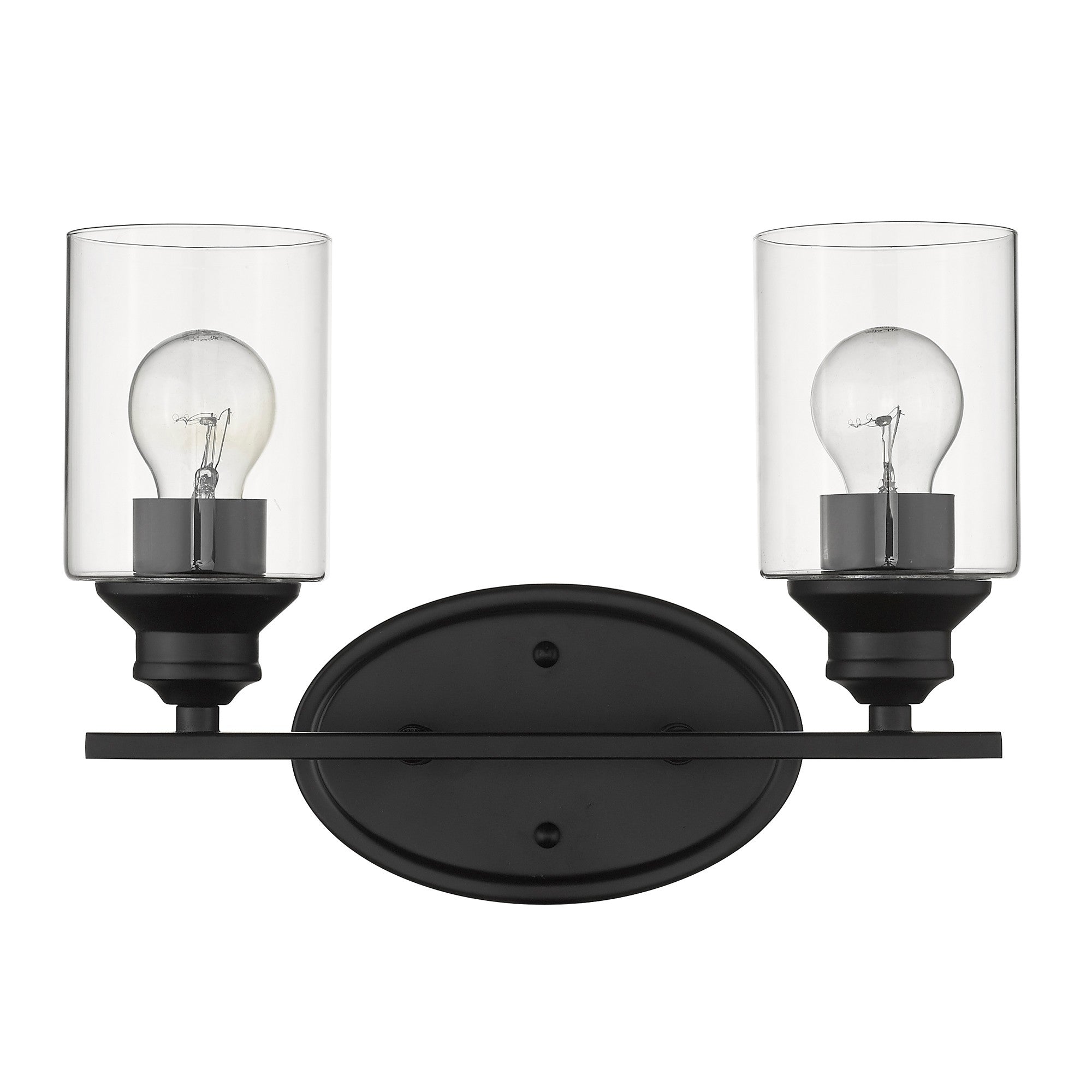 Front view of a Two-light matte black wall sconce with cylindrical clear glass shades and oval backplate