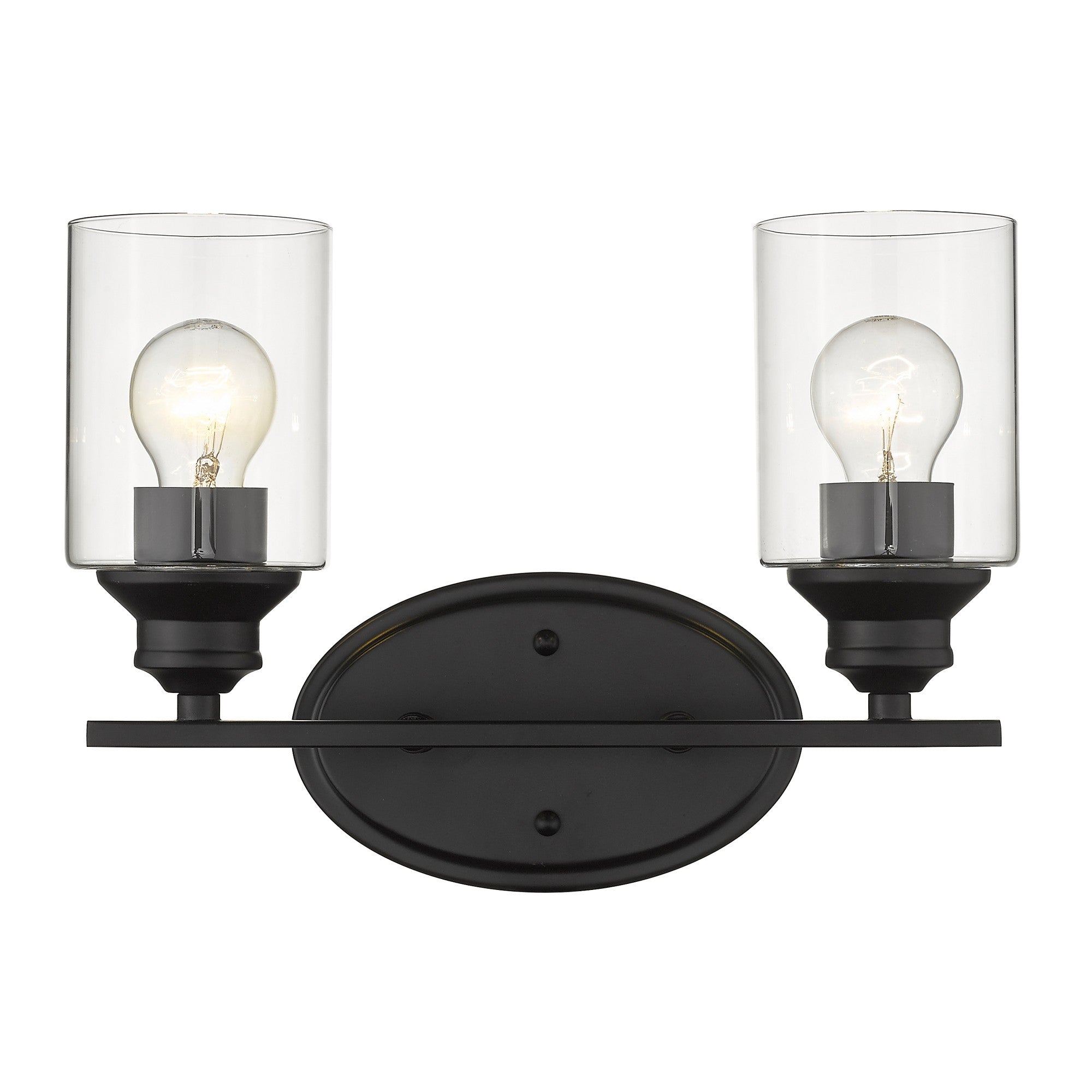 Front view of a lighted Two-light matte black wall sconce with cylindrical clear glass shades and oval backplate