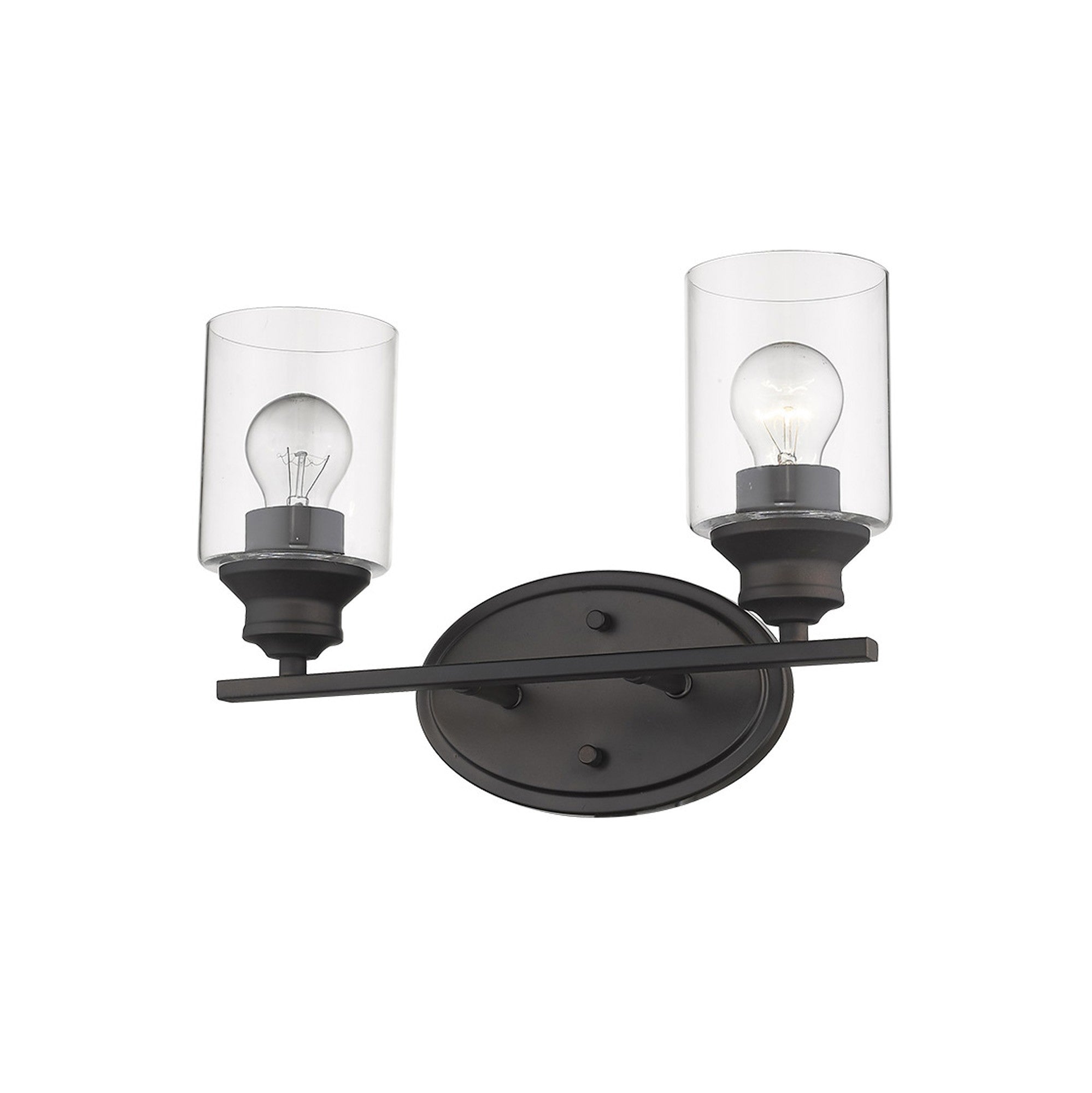 Bottom up angled view of a lighted Two-light bronze vanity wall fixture with cylindrical clear glass shades and oval backplate