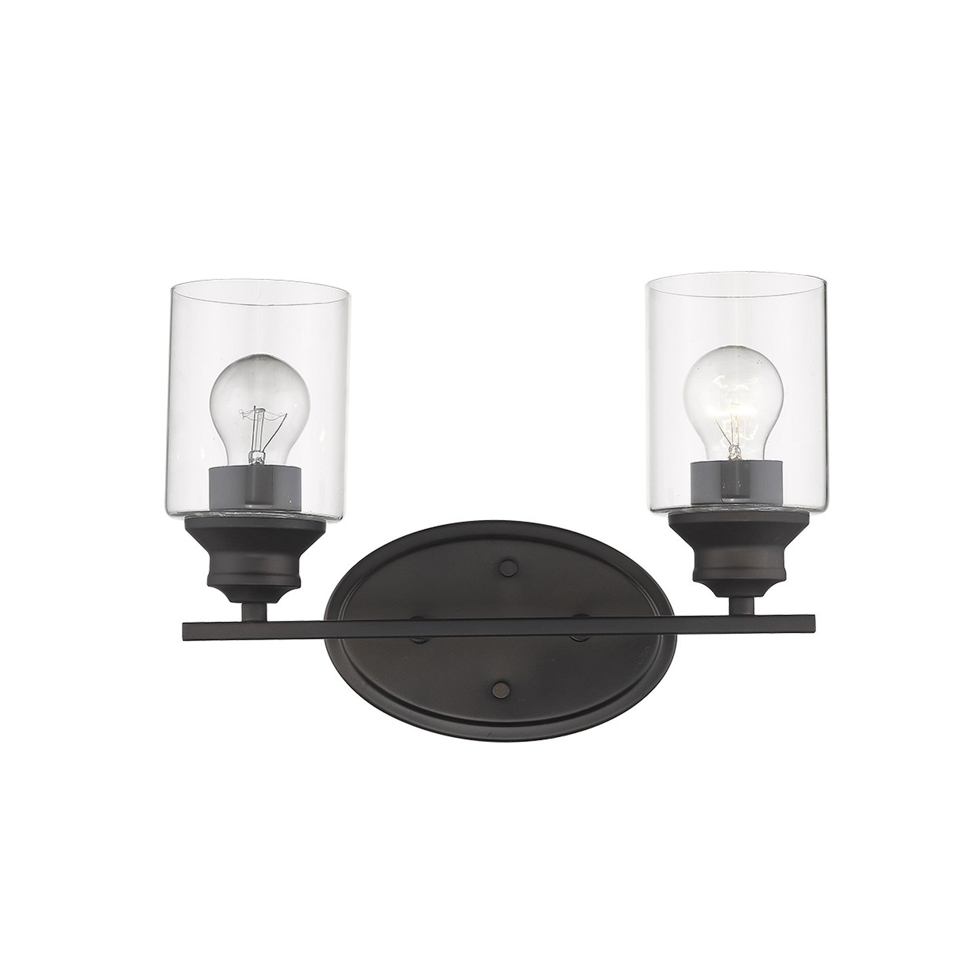 Front view of a lighted Two-light bronze vanity wall fixture with cylindrical clear glass shades and oval backplate