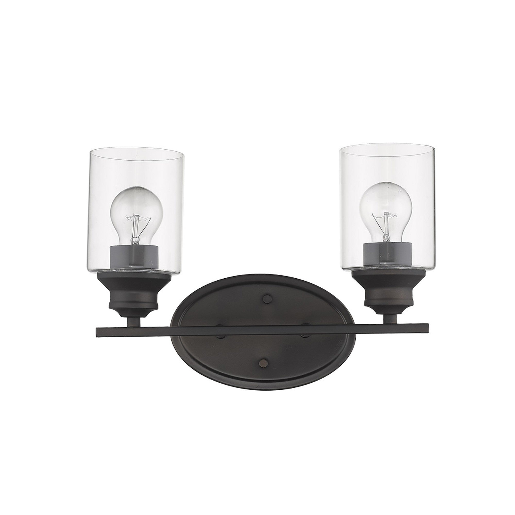 Front view of a Two-light bronze vanity wall fixture with cylindrical clear glass shades and oval backplate