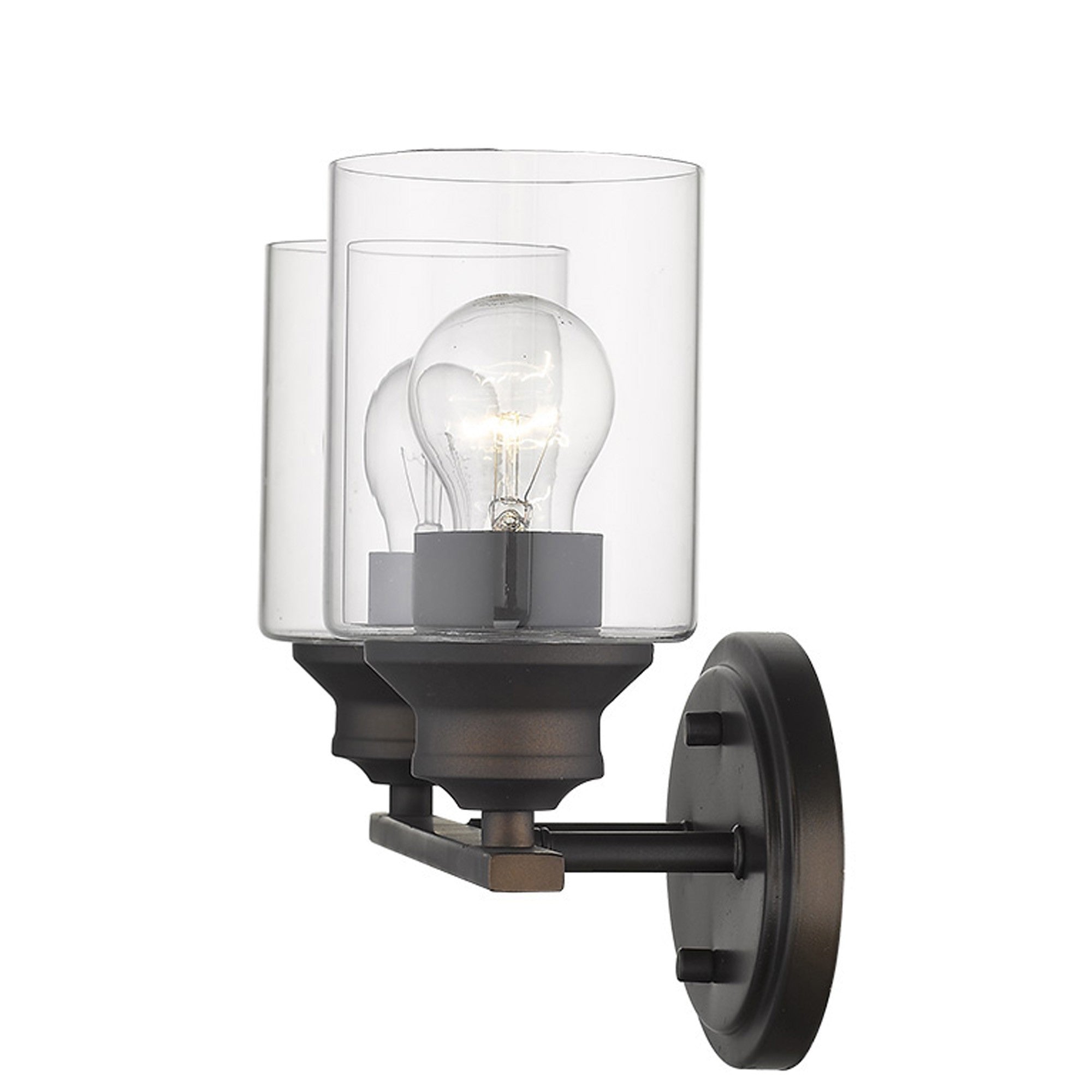 An angled side view of a lighted Two-light bronze vanity wall fixture with cylindrical clear glass shades and oval backplate