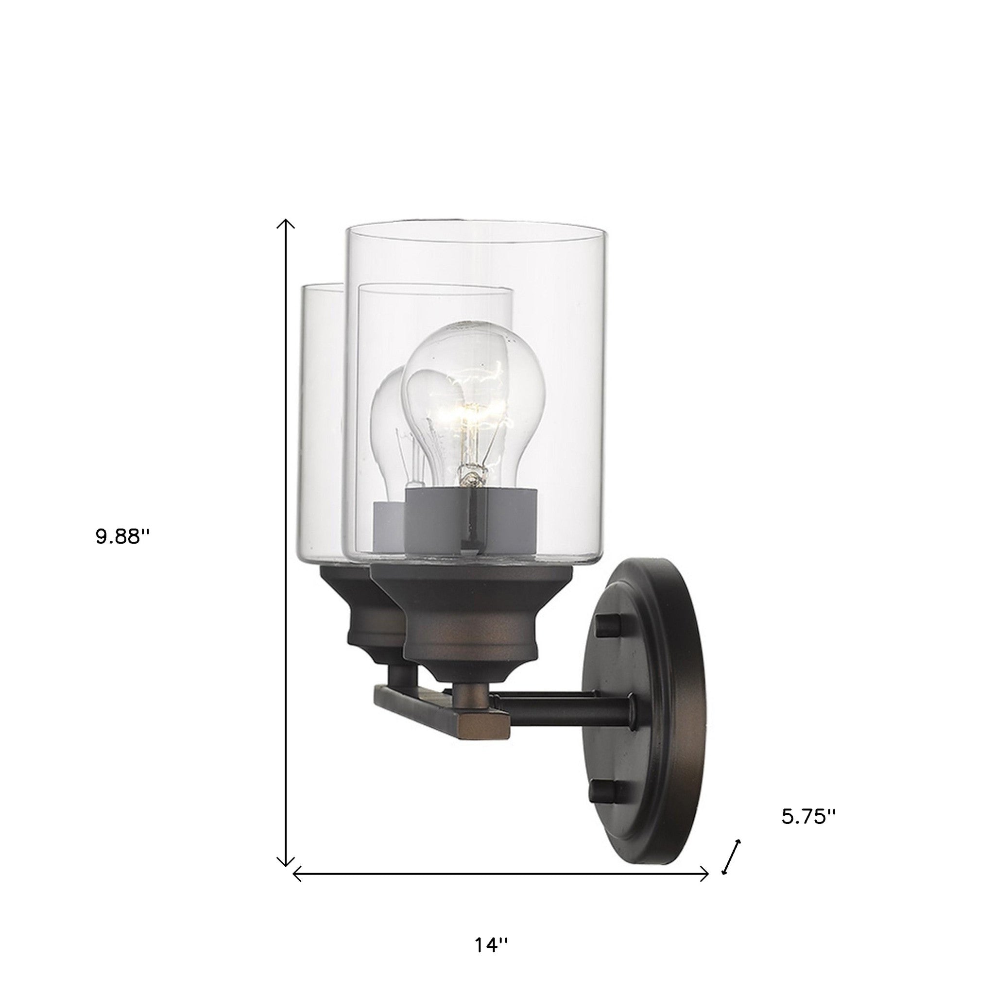 Two-light bronze vanity wall fixture with cylindrical clear glass shades and oval backplate shown with dimensions