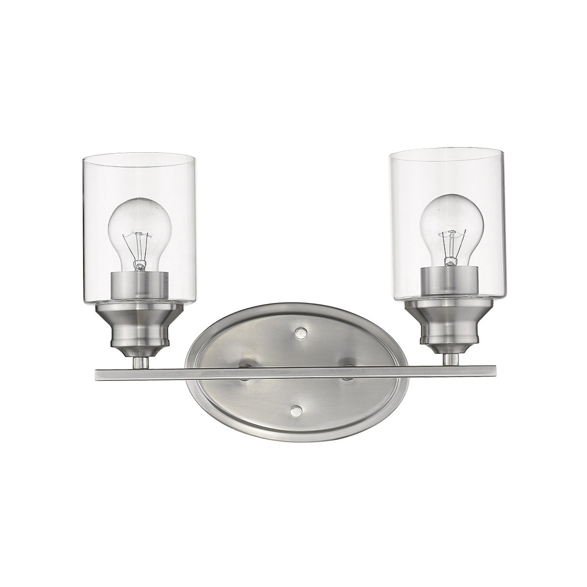 Front view of a Two-light silver vanity wall fixture with cylindrical clear glass shades and oval backplate