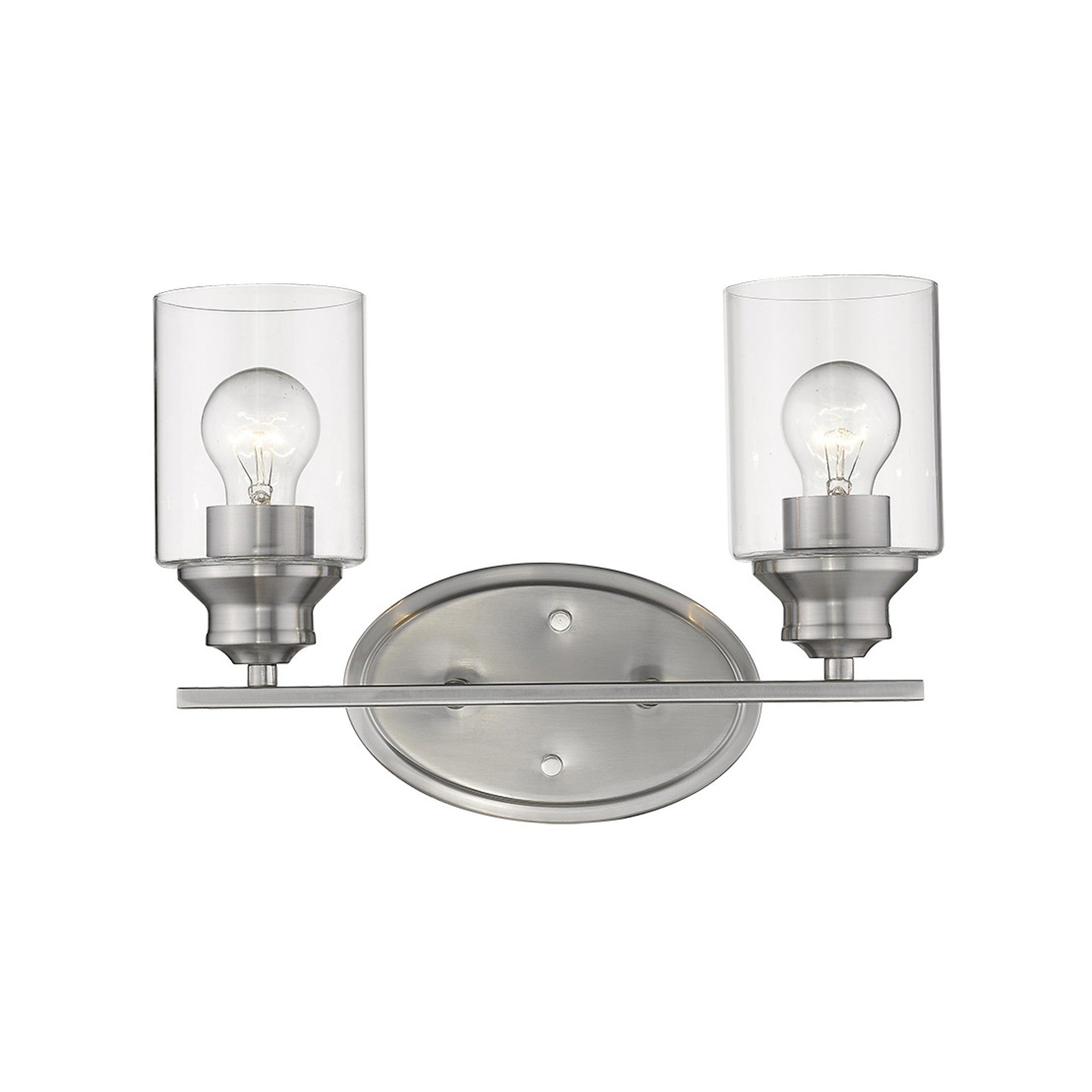 Front view of a lighted Two-light silver vanity wall fixture with cylindrical clear glass shades and oval backplate