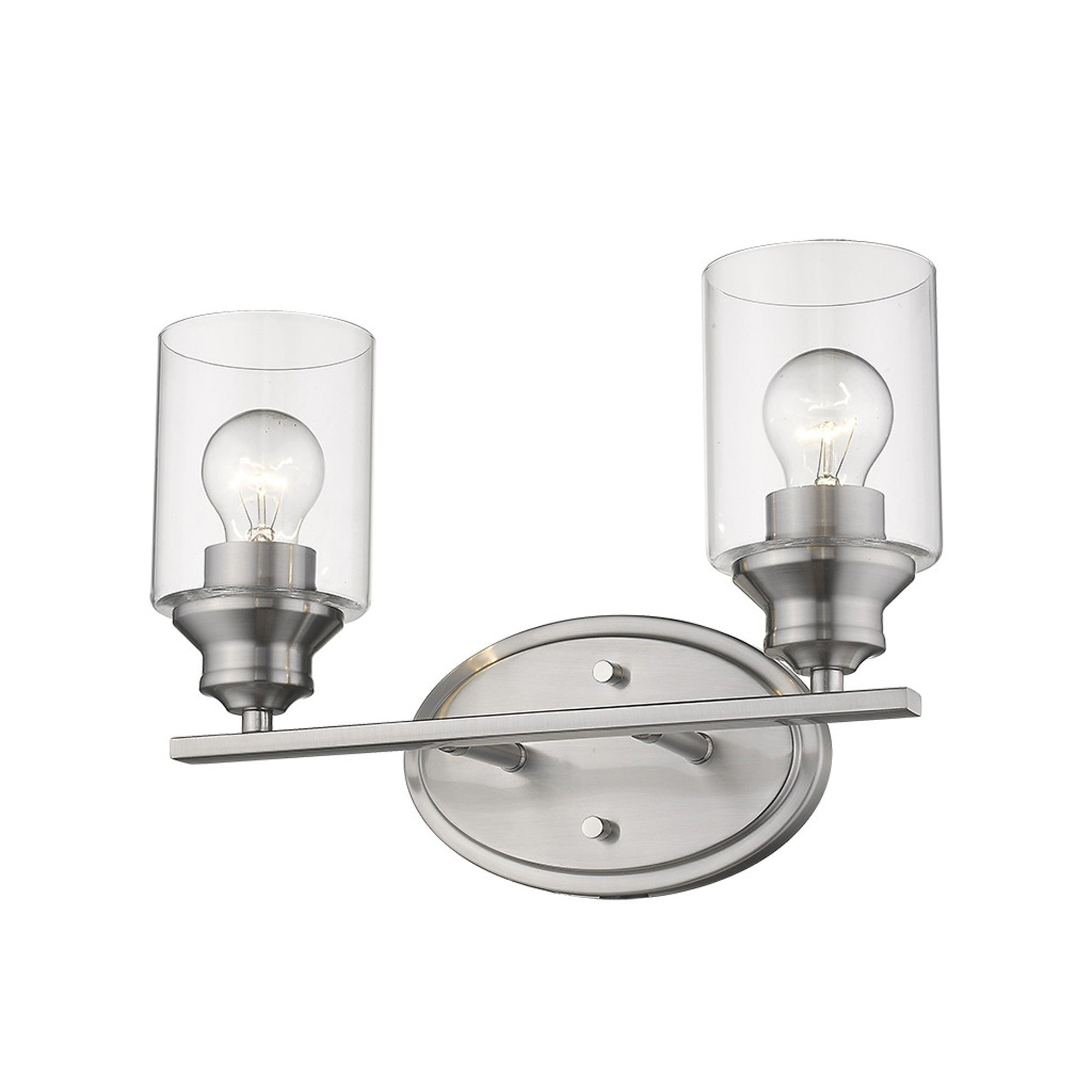 Bottom up angled view of a lighted Two-light silver vanity wall fixture with cylindrical clear glass shades and oval backplate