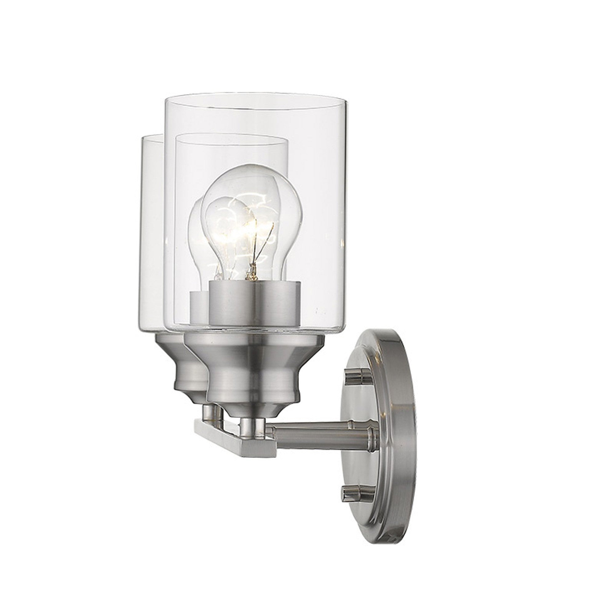 An angled side view of a lighted Two-light silver vanity wall fixture with cylindrical clear glass shades and oval backplate