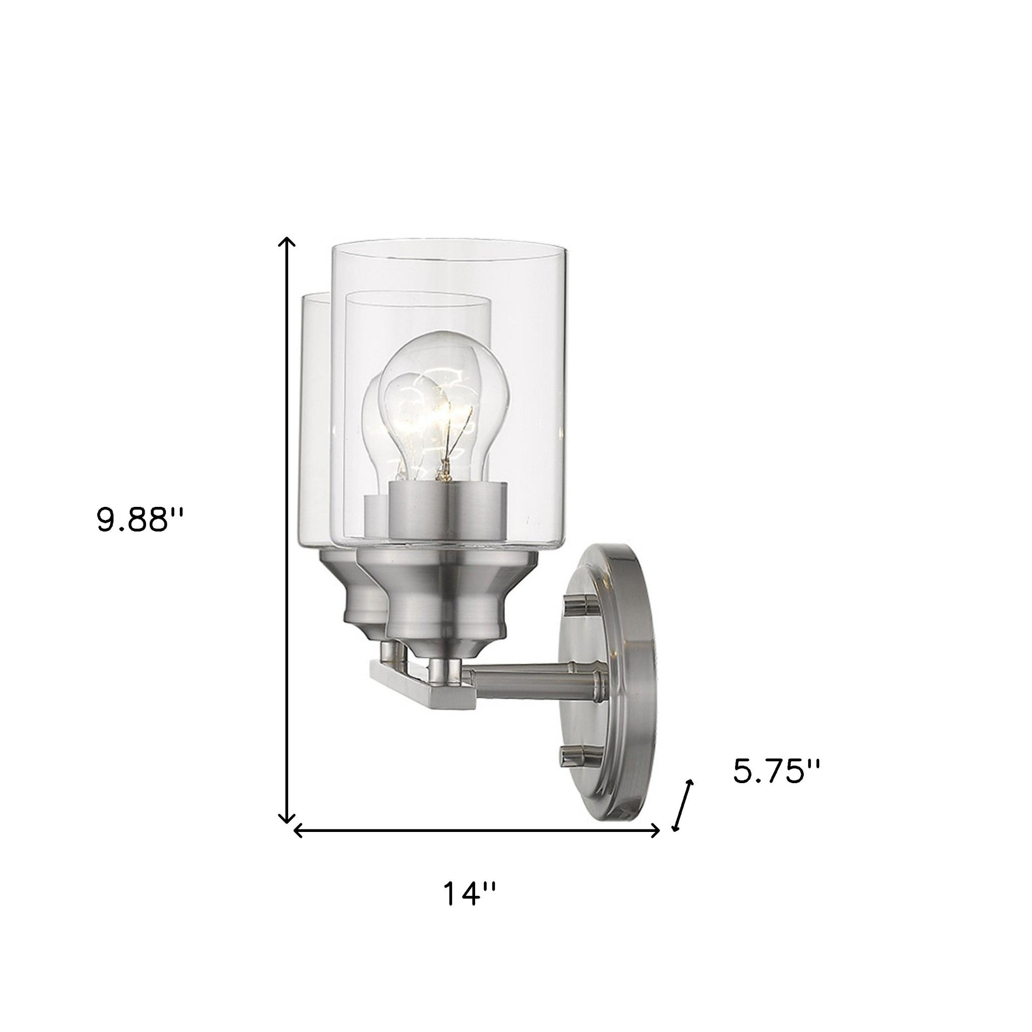 Two-light silver vanity wall fixture with cylindrical clear glass shades and oval backplate shown with dimensions
