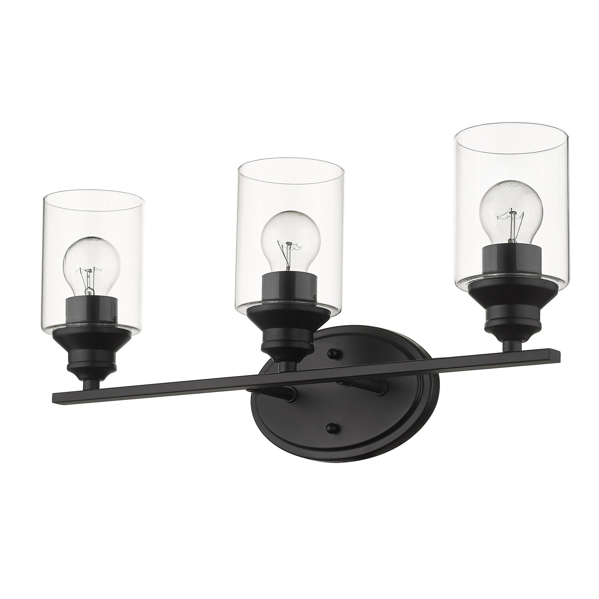 Bottom up angled view of a Three-light matte black wall vanity fixture with cylindrical clear glass shades