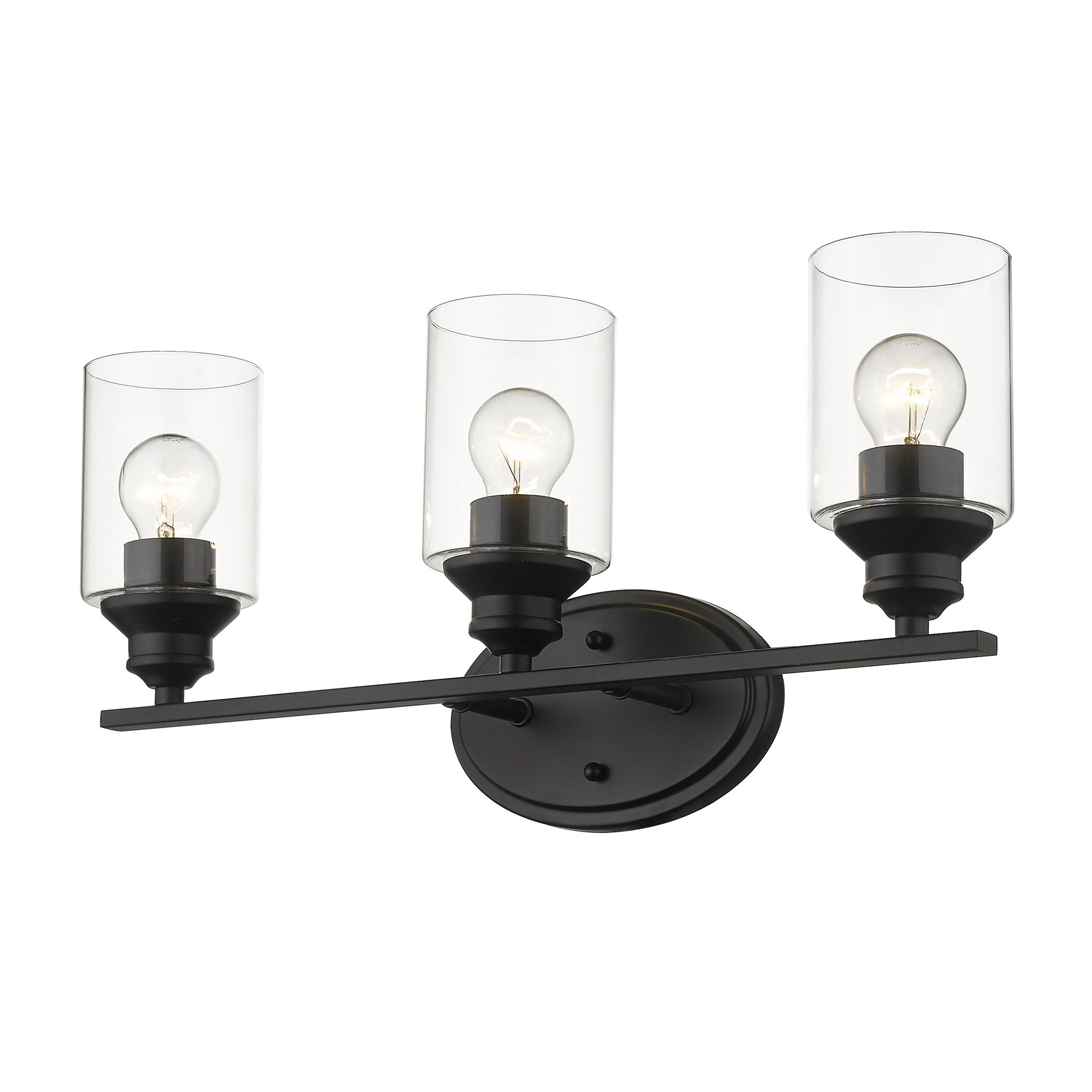 Bottom up angled view of a lighted Three-light matte black wall vanity fixture with cylindrical clear glass shades
