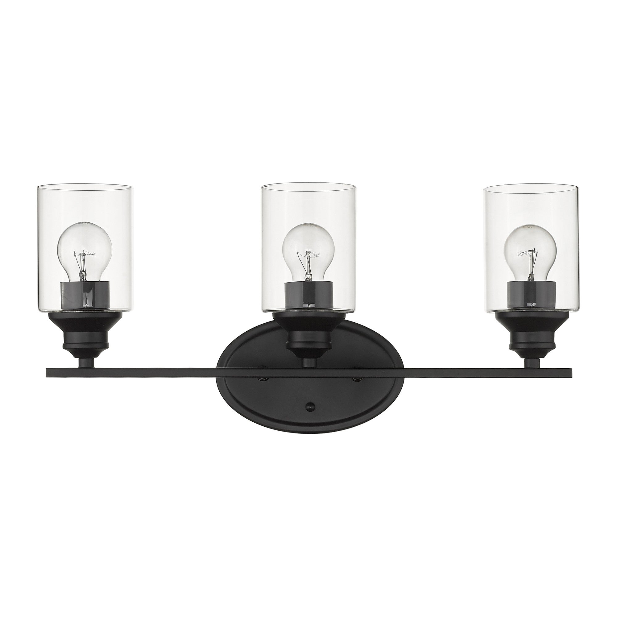Front view of a Three-light matte black wall vanity fixture with cylindrical clear glass shades