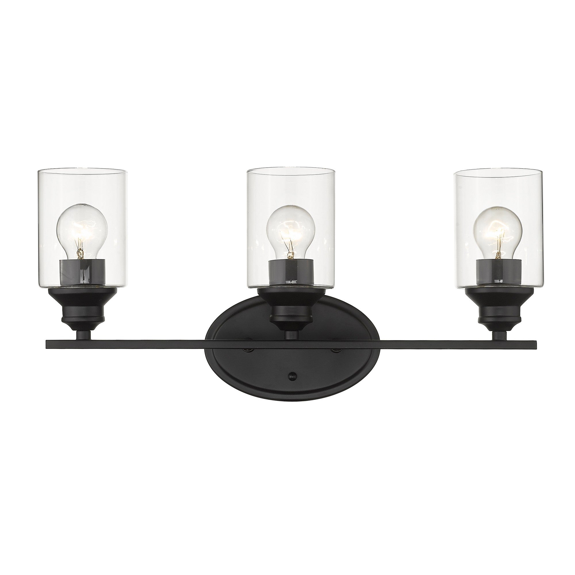 Front view of a lighted Three-light matte black wall vanity fixture with cylindrical clear glass shades