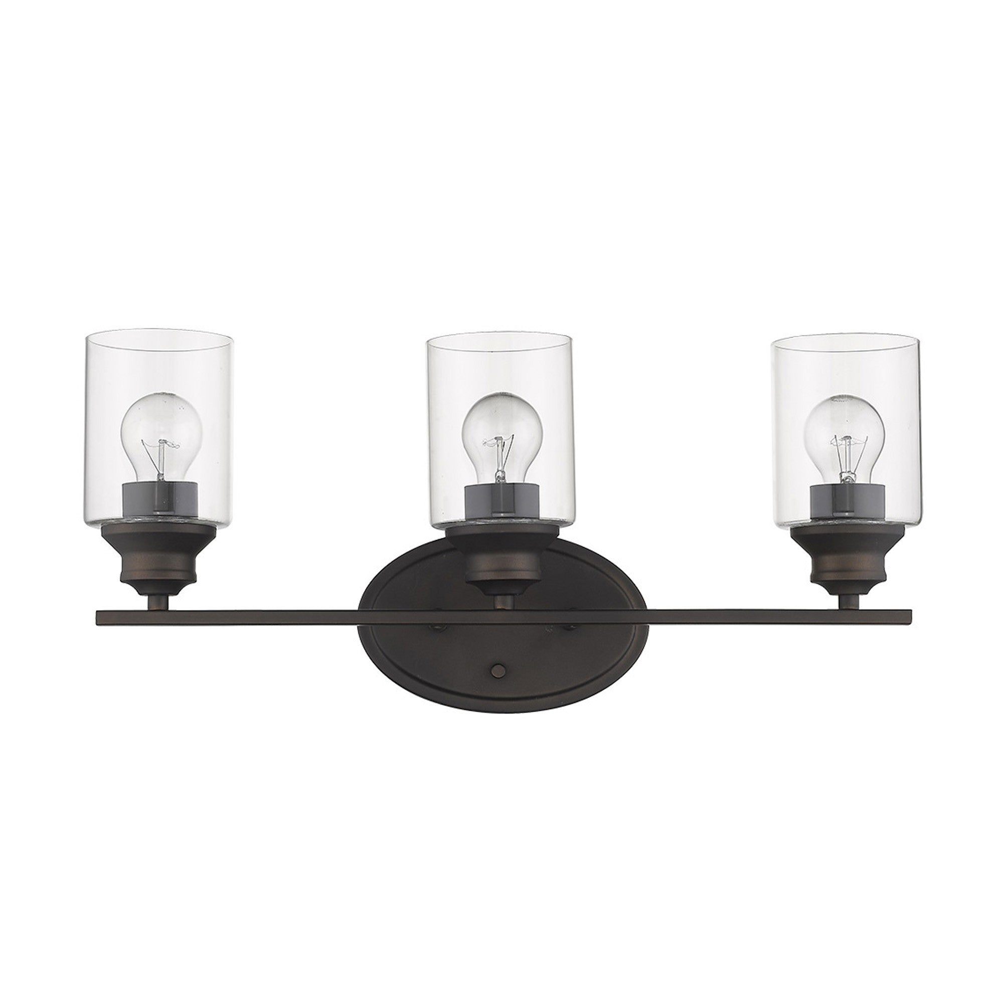 Font view of a Three-light bronze vanity wall fixture with clear cylindrical glass shades and round backplate