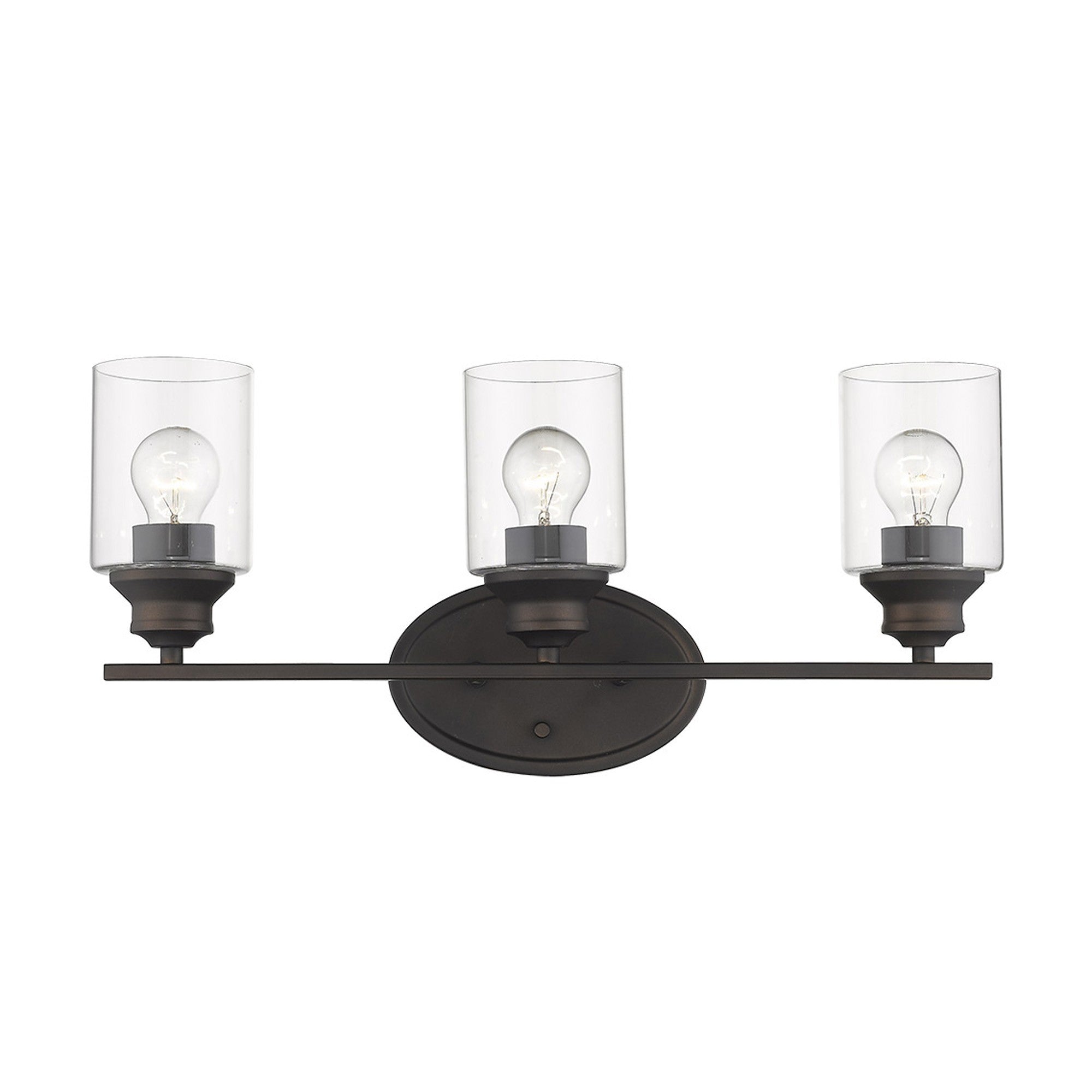 A front view of a lighted Three-light bronze vanity wall fixture with clear cylindrical glass shades and round backplate