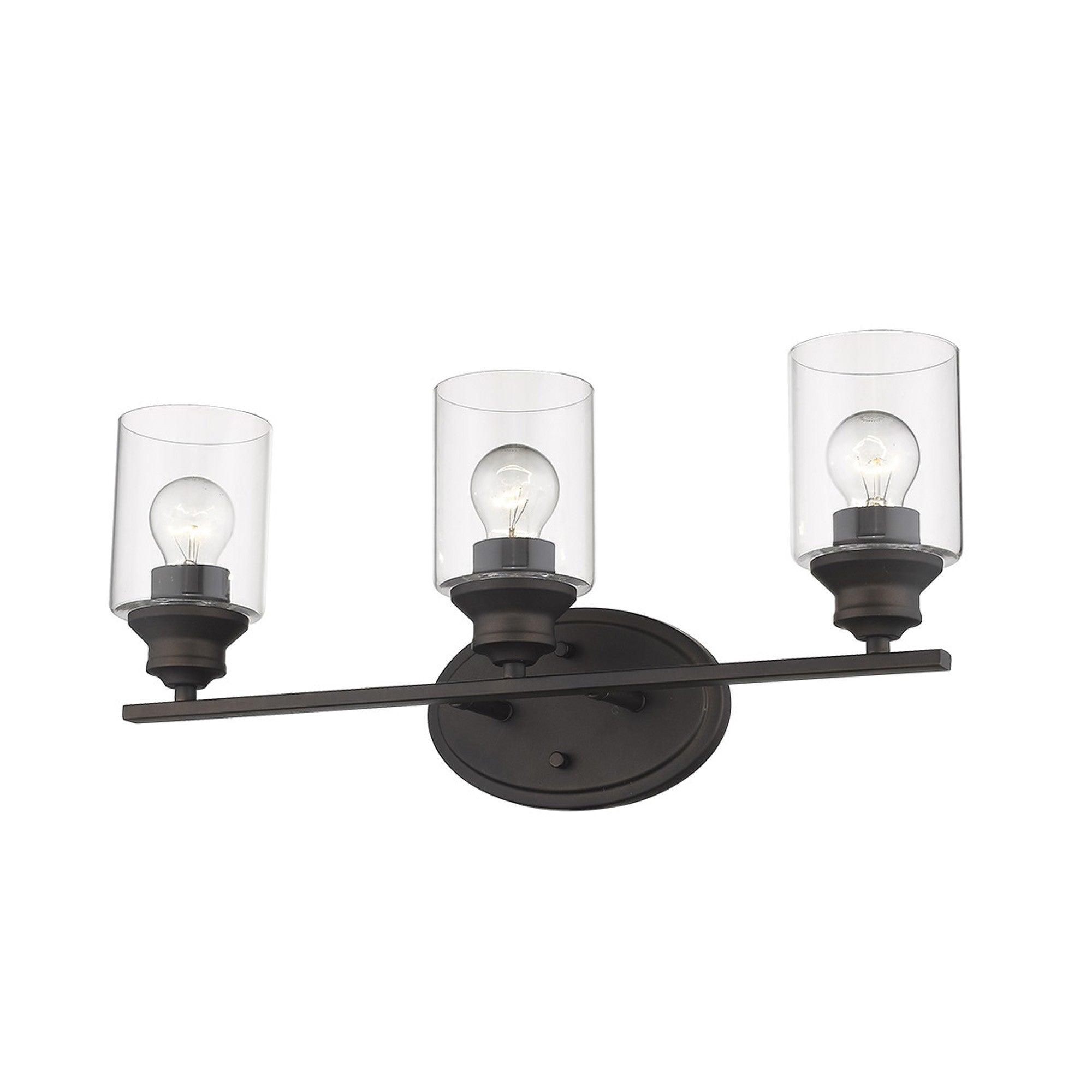 Angled bottom up view of a lighted Three-light bronze vanity wall fixture with clear cylindrical glass shades and round backplate