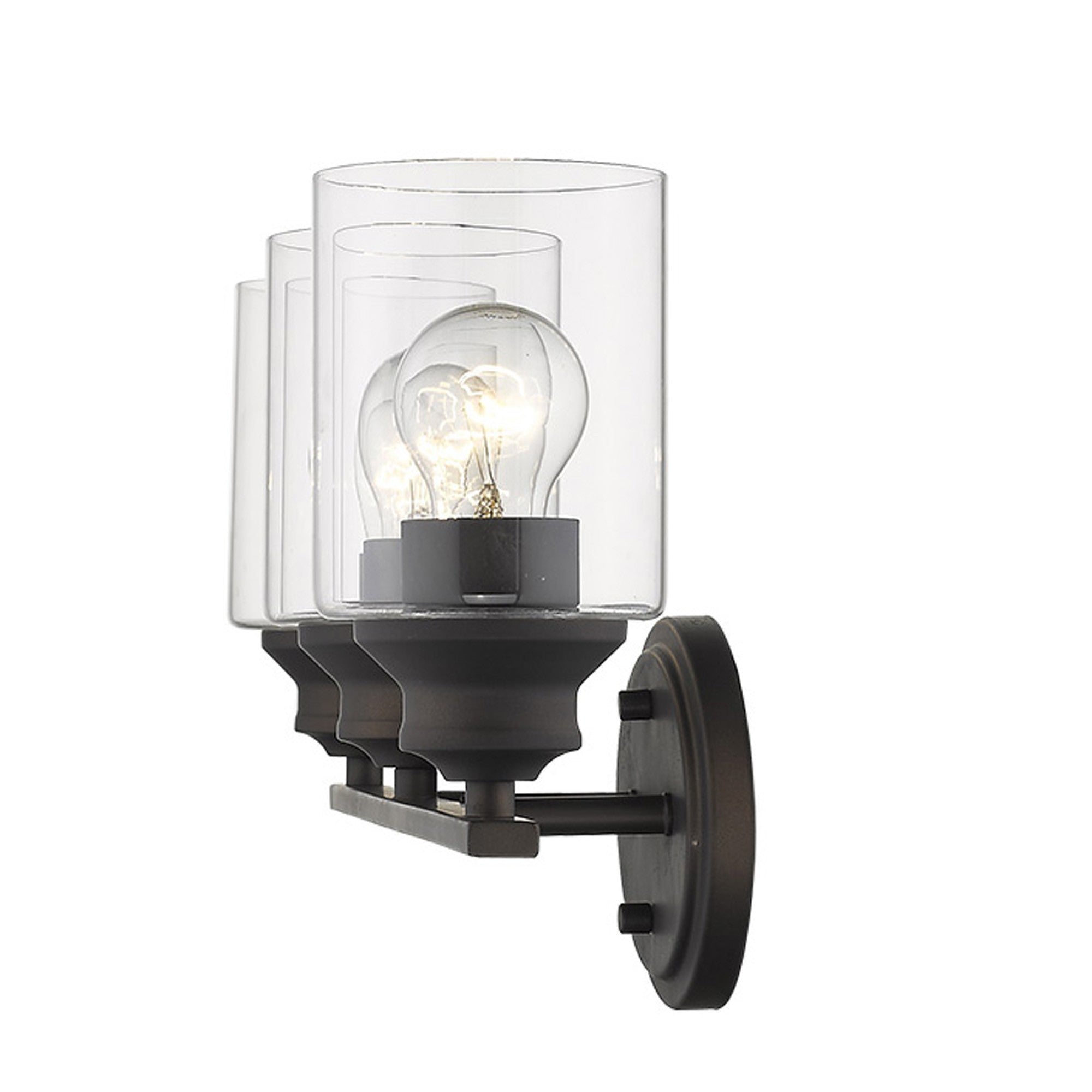 A side angled view of a lighted Three-light bronze vanity wall fixture with clear cylindrical glass shades and round backplate