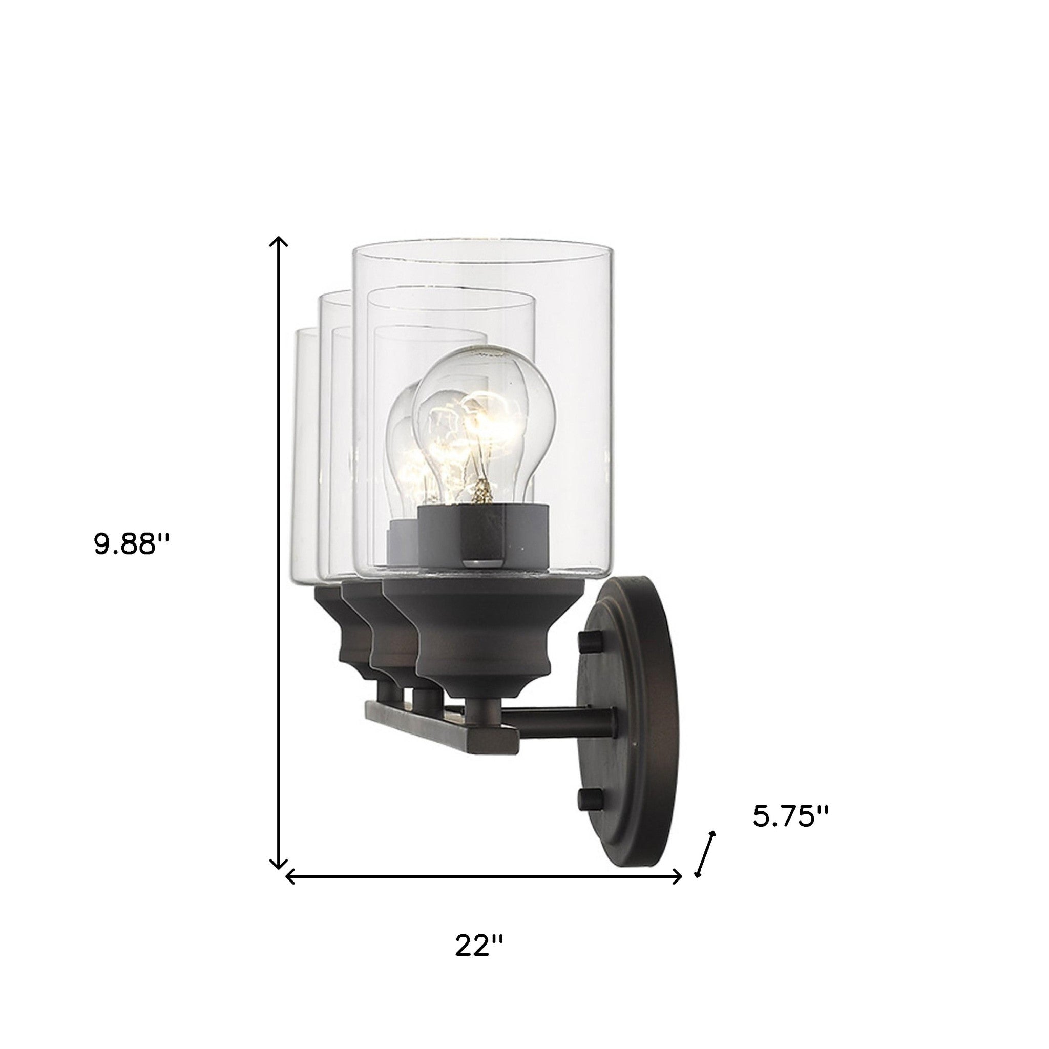 Three-light bronze vanity wall fixture with clear cylindrical glass shades and round backplate shown with dimensions