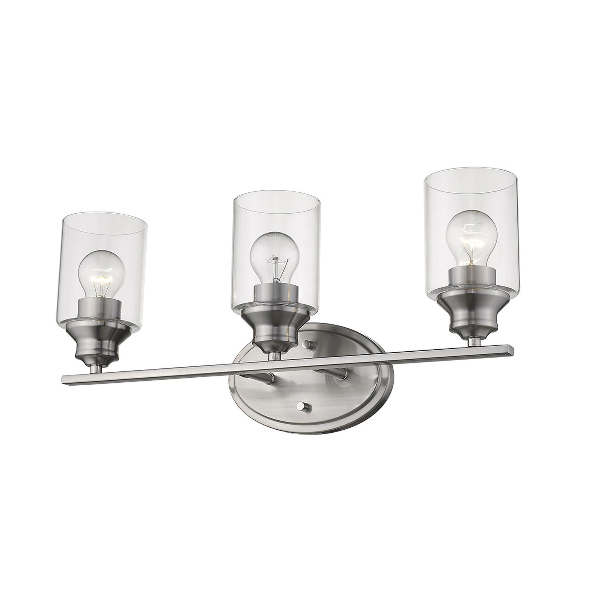 An angled bottom up view of a lighted Three-light silver vanity wall fixture with cylindrical clear glass shades and oval backplate