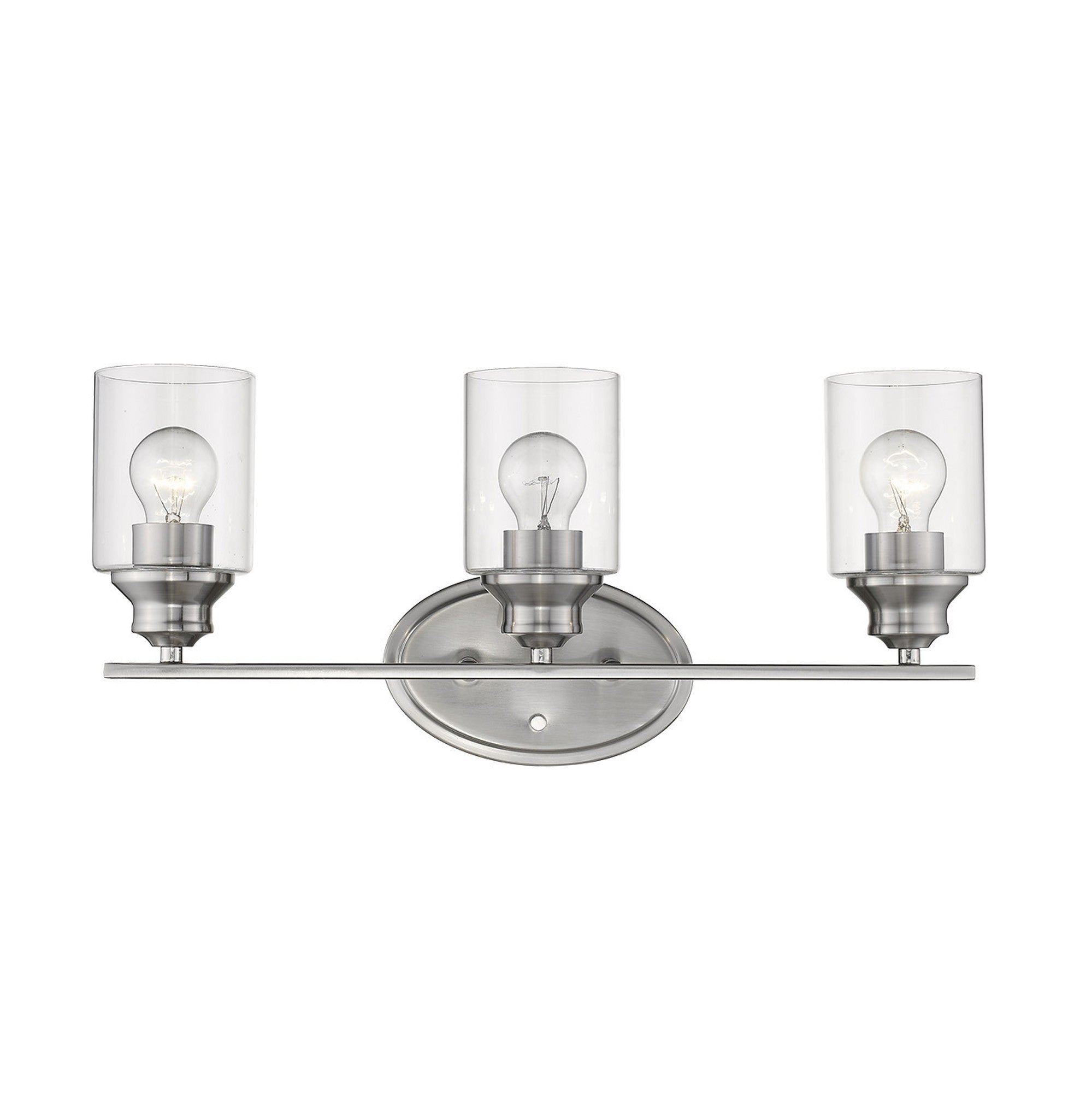 A front view of a lighted Three-light silver vanity wall fixture with cylindrical clear glass shades and oval backplate