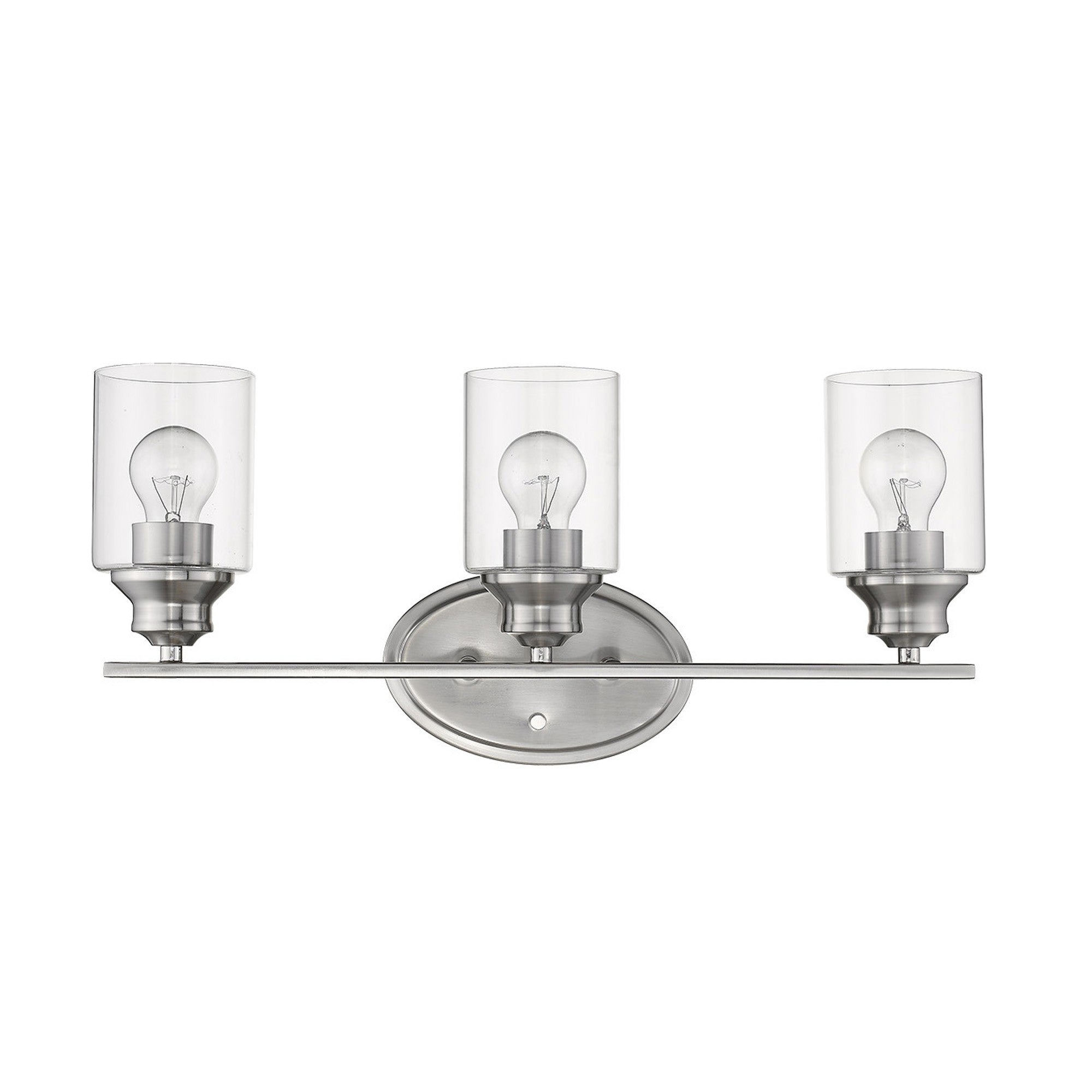 A front view of a Three-light silver vanity wall fixture with cylindrical clear glass shades and oval backplate