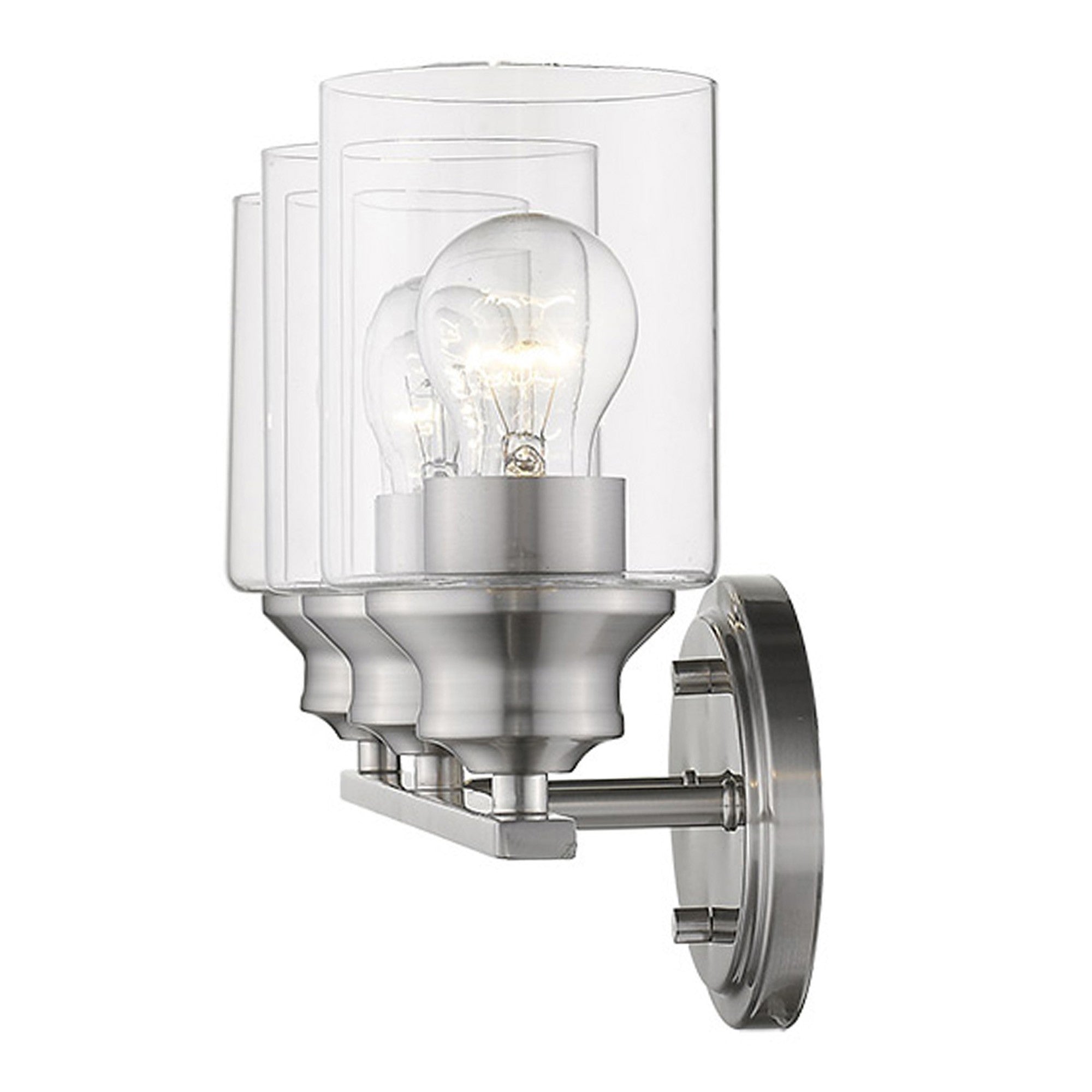 An angled side view of a lighted Three-light silver vanity wall fixture with cylindrical clear glass shades and oval backplate