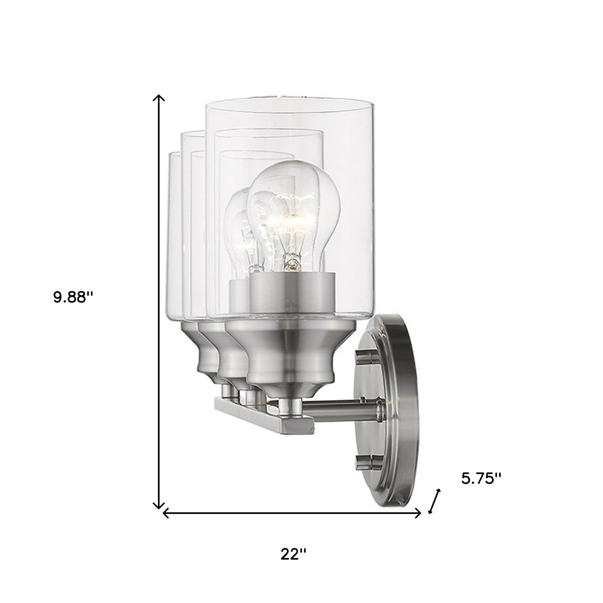 Three-light silver vanity wall fixture with cylindrical clear glass shades and oval backplate shown with dimensions