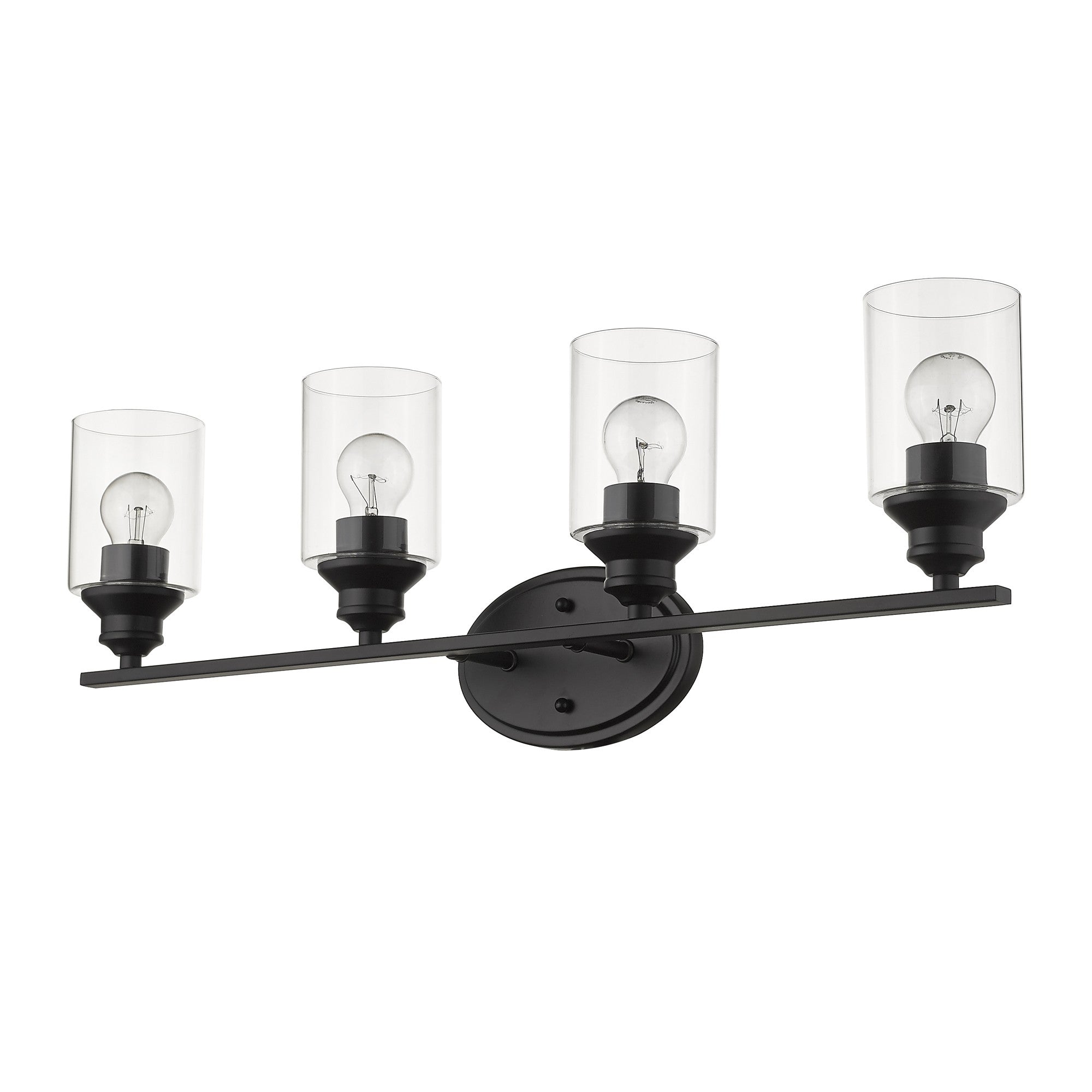 An angled bottom up view of a Four bulb matte black wall sconce with clear cylindrical glass shades and oval backplate
