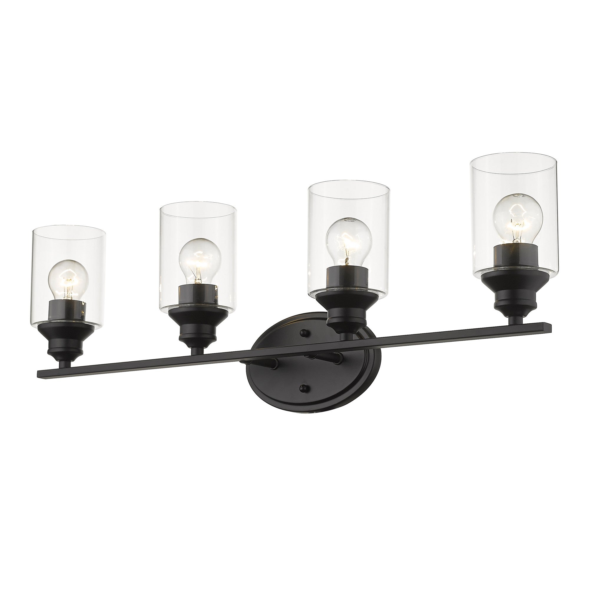 An angled bottom up view of a lighted Four bulb matte black wall sconce with clear cylindrical glass shades and oval backplate
